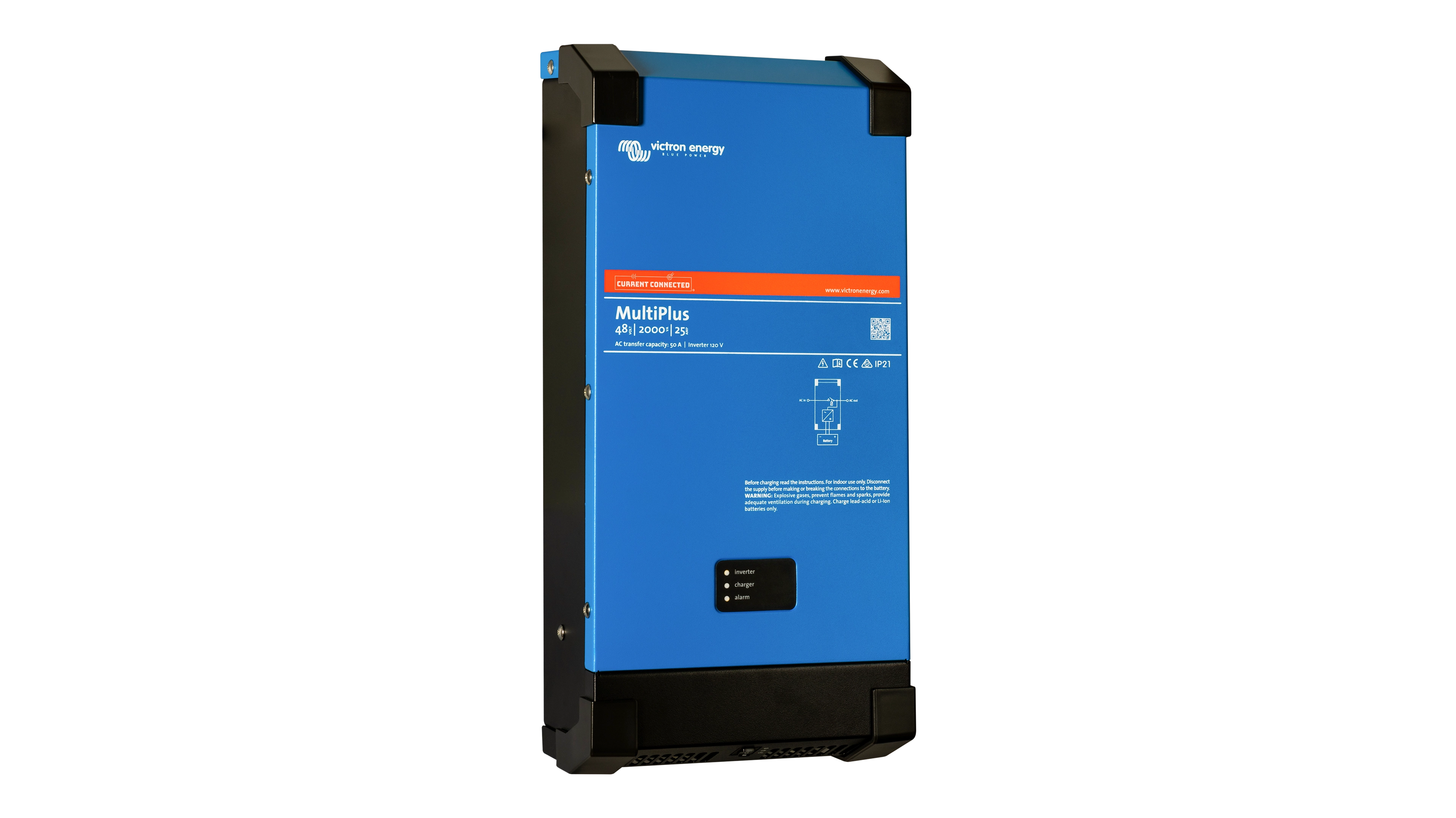 Victron Energy 48V MultiPlus 2kVA 120V Inverter 25A Charger - Left Victron Energy 48V MultiPlus 2kVA 120V Inverter 25A Charger. This is a Left view display of the inverter by Victron Energy with no background.