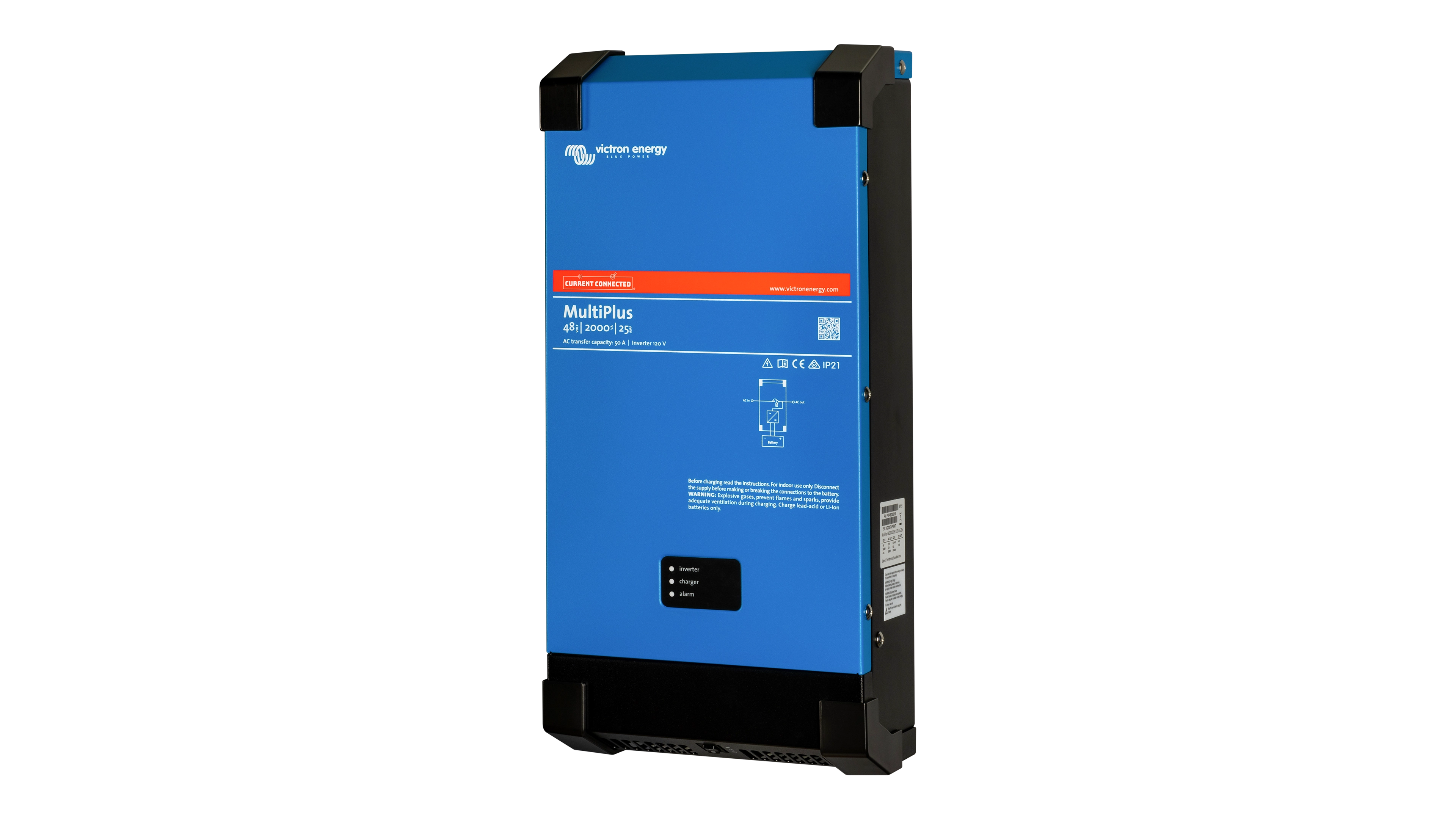 Victron Energy 48V MultiPlus 2kVA 120V Inverter 25A Charger - Right Victron Energy 48V MultiPlus 2kVA 120V Inverter 25A Charger. This is a Right view display of the inverter by Victron Energy with no background.