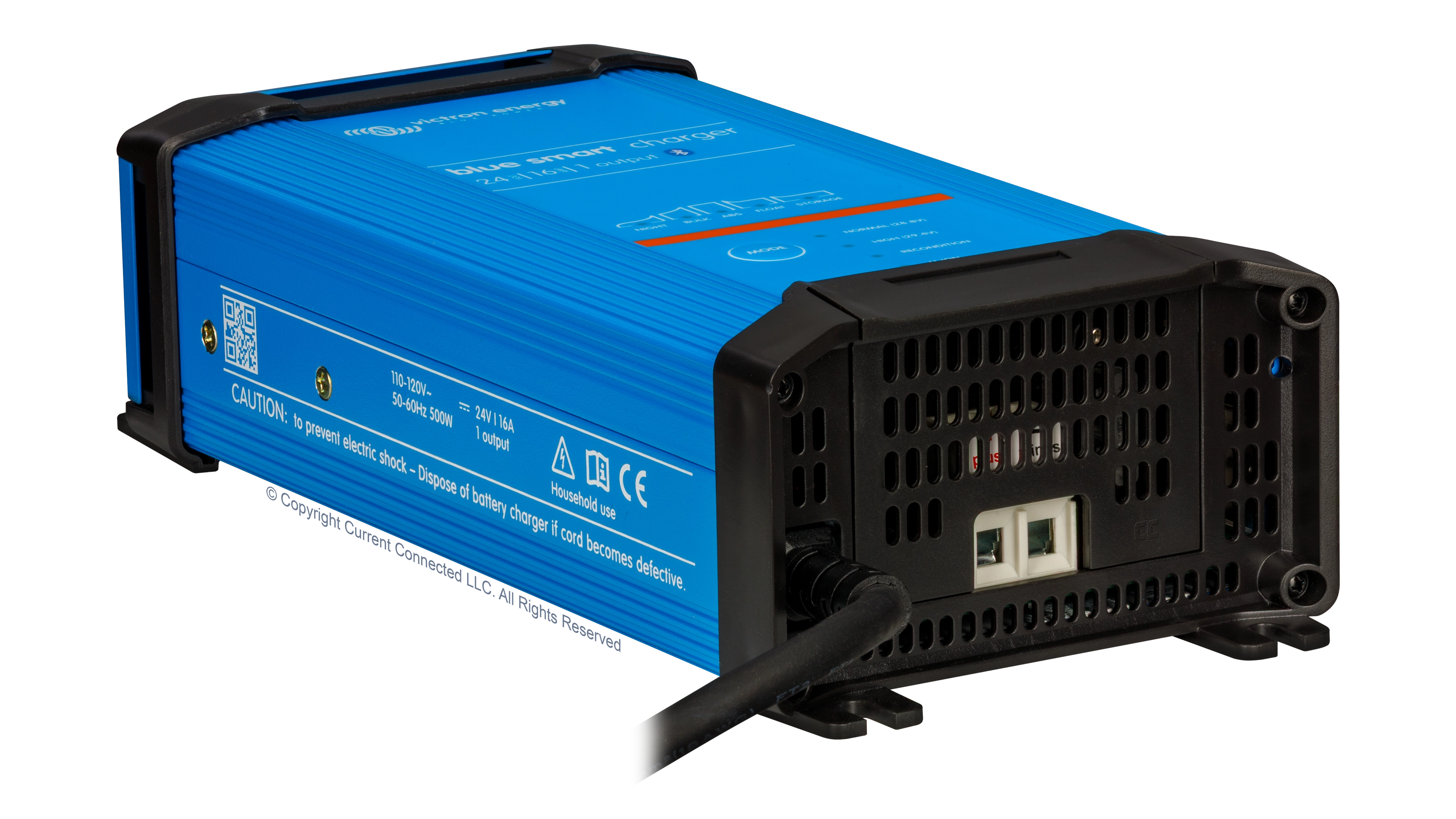 Victron - BPC241647102 - Blue Smart IP22 24V-16A Battery Charger - Angled Left View High quality photo of the Victron - BPC241647102 - Blue Smart IP22 24V-16A Battery Charger - Angled Left View. Photographed by Current Connected