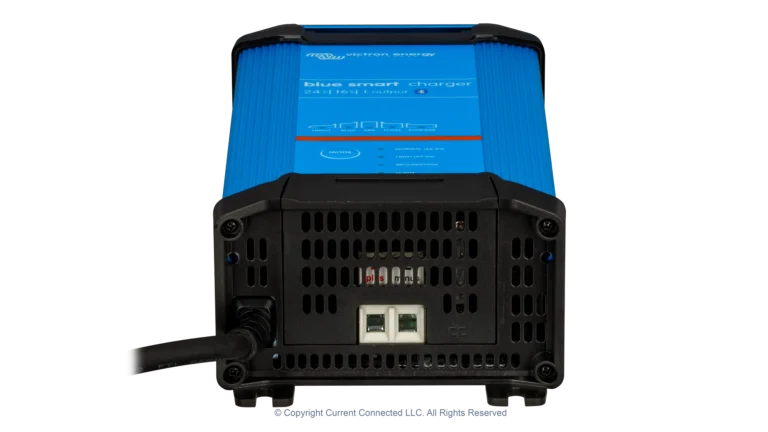 High quality photo of the Victron - BPC241647102 - Blue Smart IP22 24V-16A Battery Charger - Connection View. Photographed by Current Connected