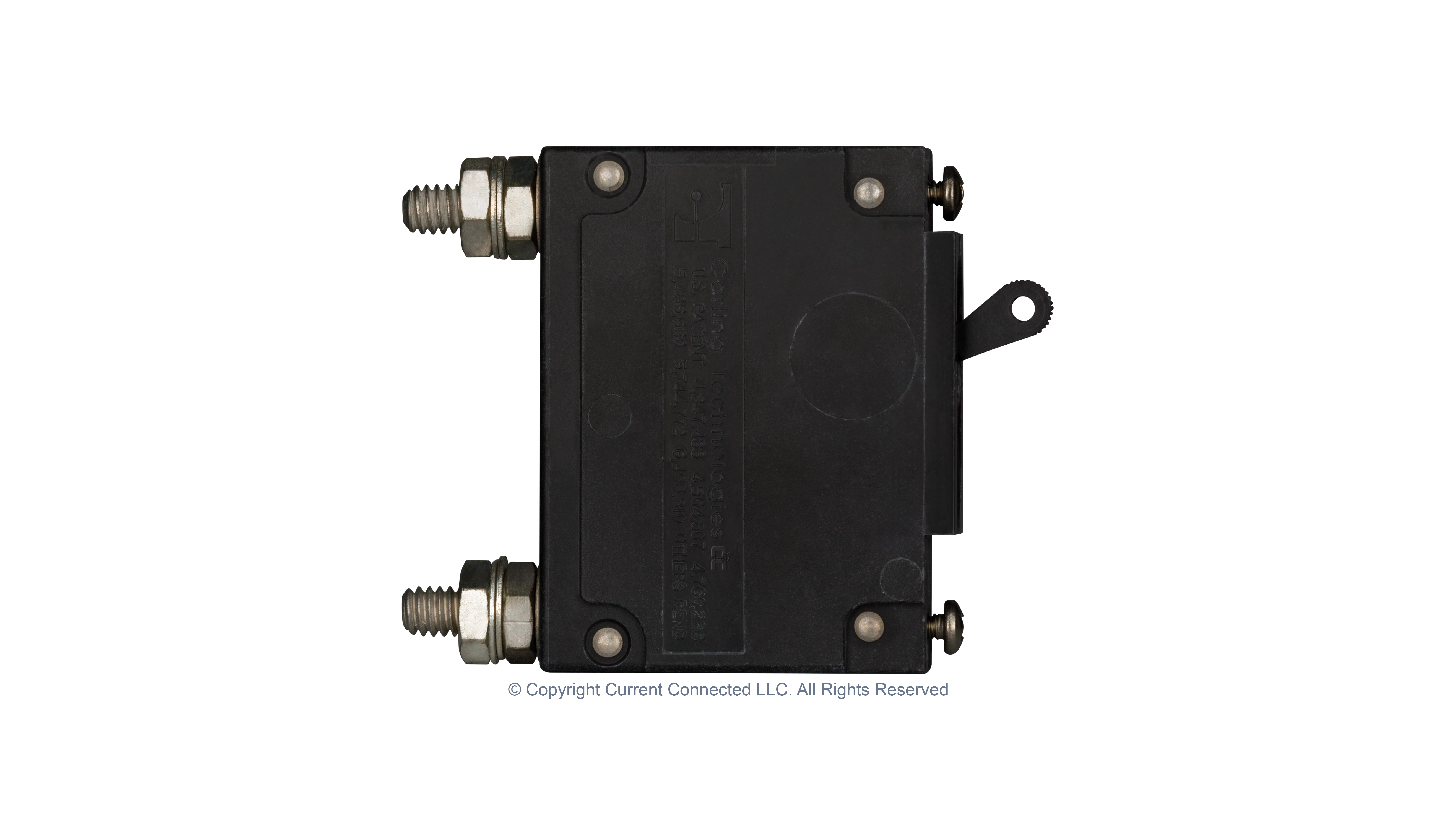 High quality photo of the Midnite Solar - MNEDC10 - 150VDC 120Vac Non-Polarized Panel Mount Breakers 10A side view. Photographed by Current Connected.
