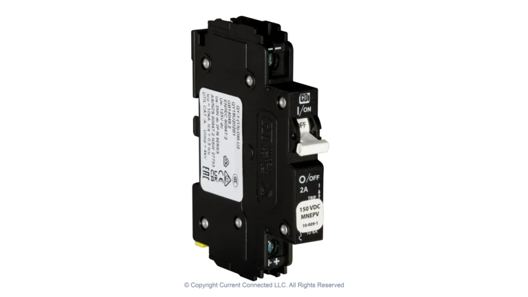 High quality photo of the Midnite Solar - MNEPV2 - 150Vdc Din-Rail Mount Polarized Circuit Breaker 2A - Angled View. Photographed by Current Connected