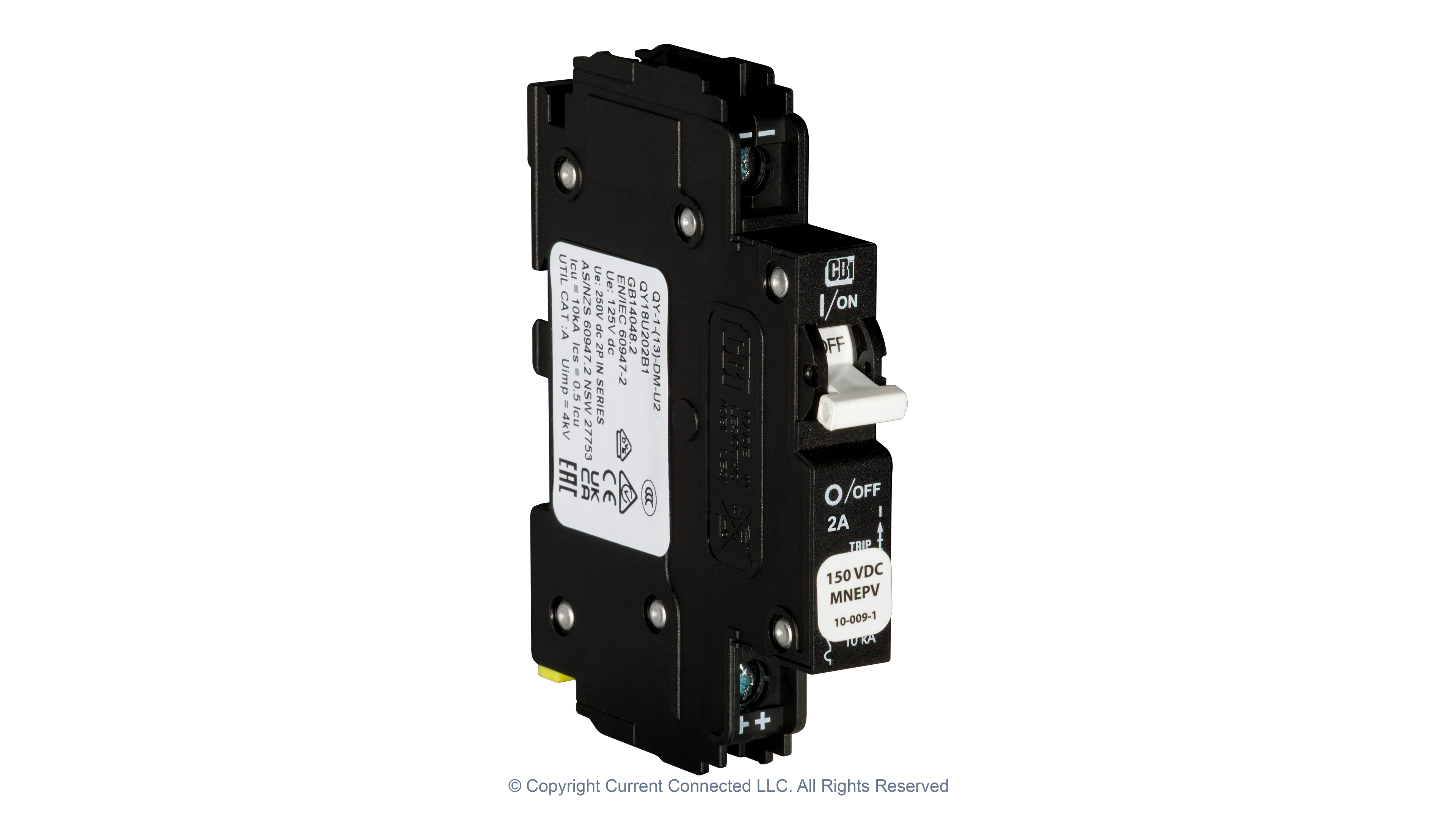 High quality photo of the Midnite Solar - MNEPV2 - 150Vdc Din-Rail Mount Polarized Circuit Breaker 2A - Angled View. Photographed by Current Connected