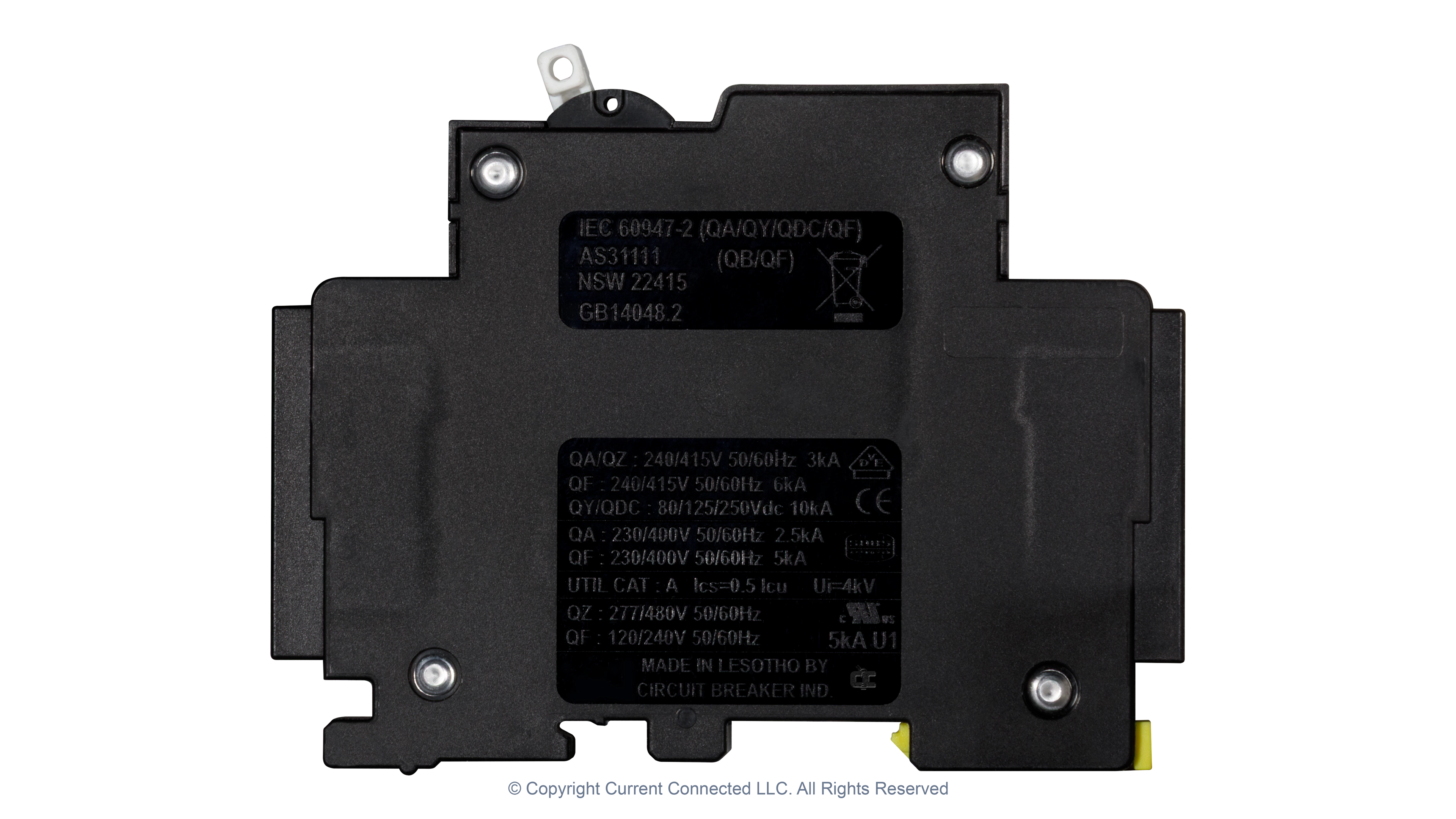 High quality photo of the !Midnite Solar - MNEPV2 - 150Vdc Din-Rail Mount Polarized Circuit Breaker 2A - Side View. Photographed by Current Connected