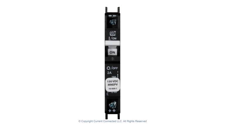 High quality photo of the Midnite Solar - MNEPV2 - 150Vdc Din-Rail Mount Polarized Circuit Breaker 2A- Front View. Photographed by Current Connected