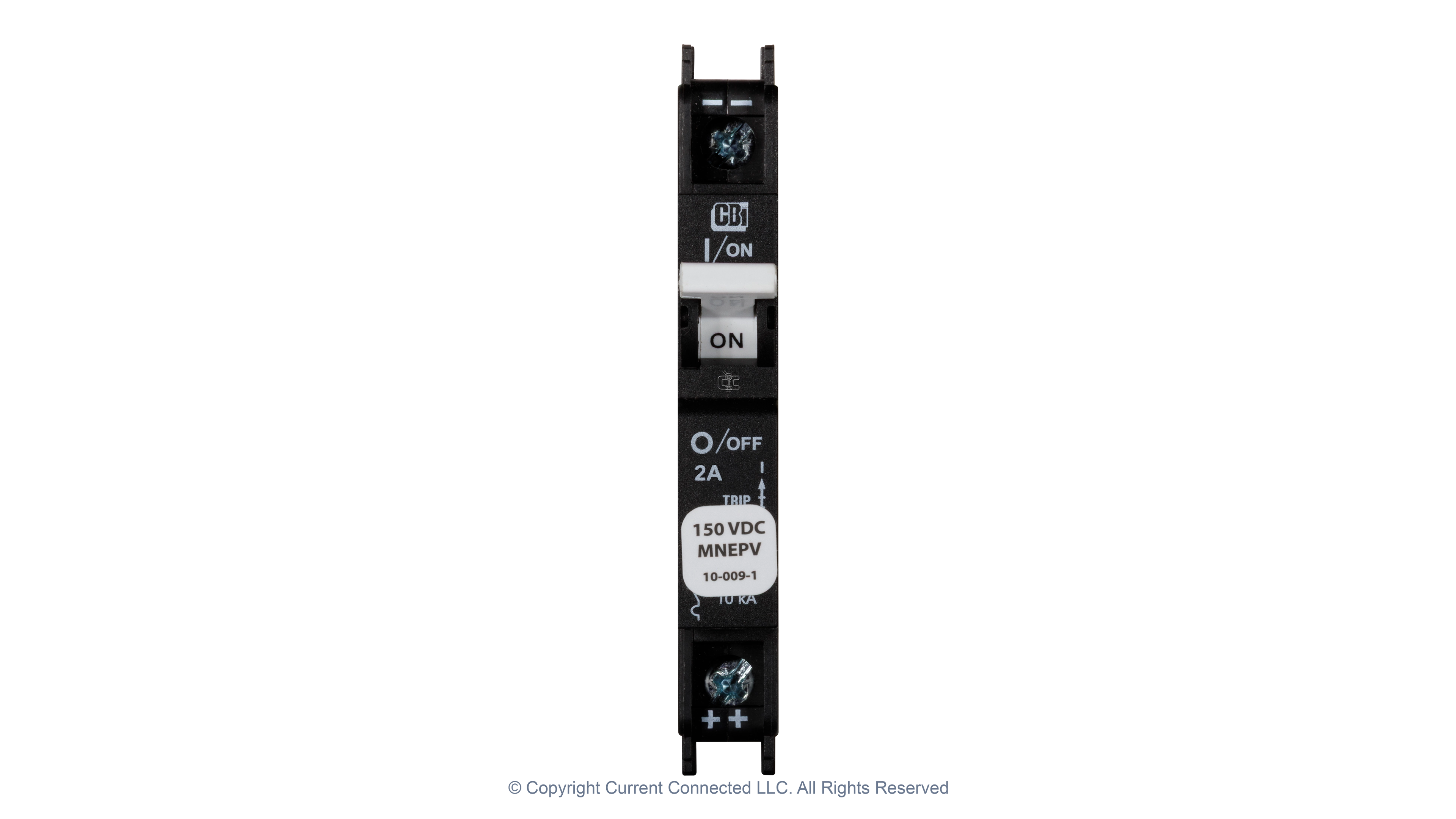 High quality photo of the Midnite Solar - MNEPV2 - 150Vdc Din-Rail Mount Polarized Circuit Breaker 2A- Front View. Photographed by Current Connected