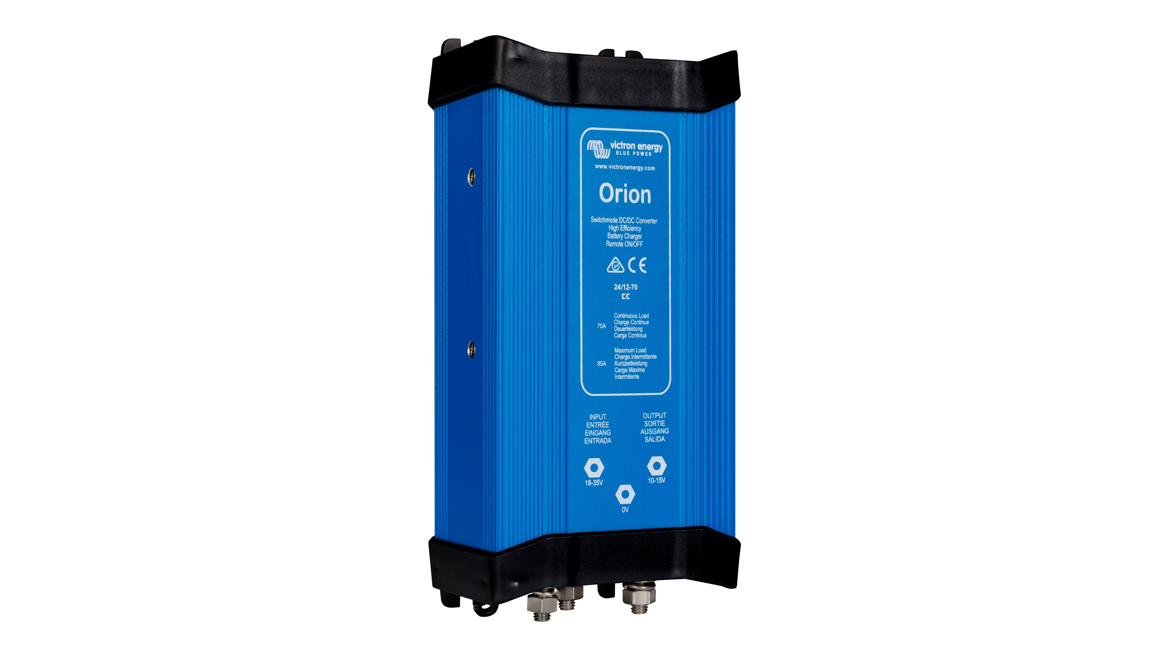 High quality photo of the Victron - ORI241270020 - Orion IP67 2412 70A Converter 30-30 - Angled Left View. Photographed by Current Connected