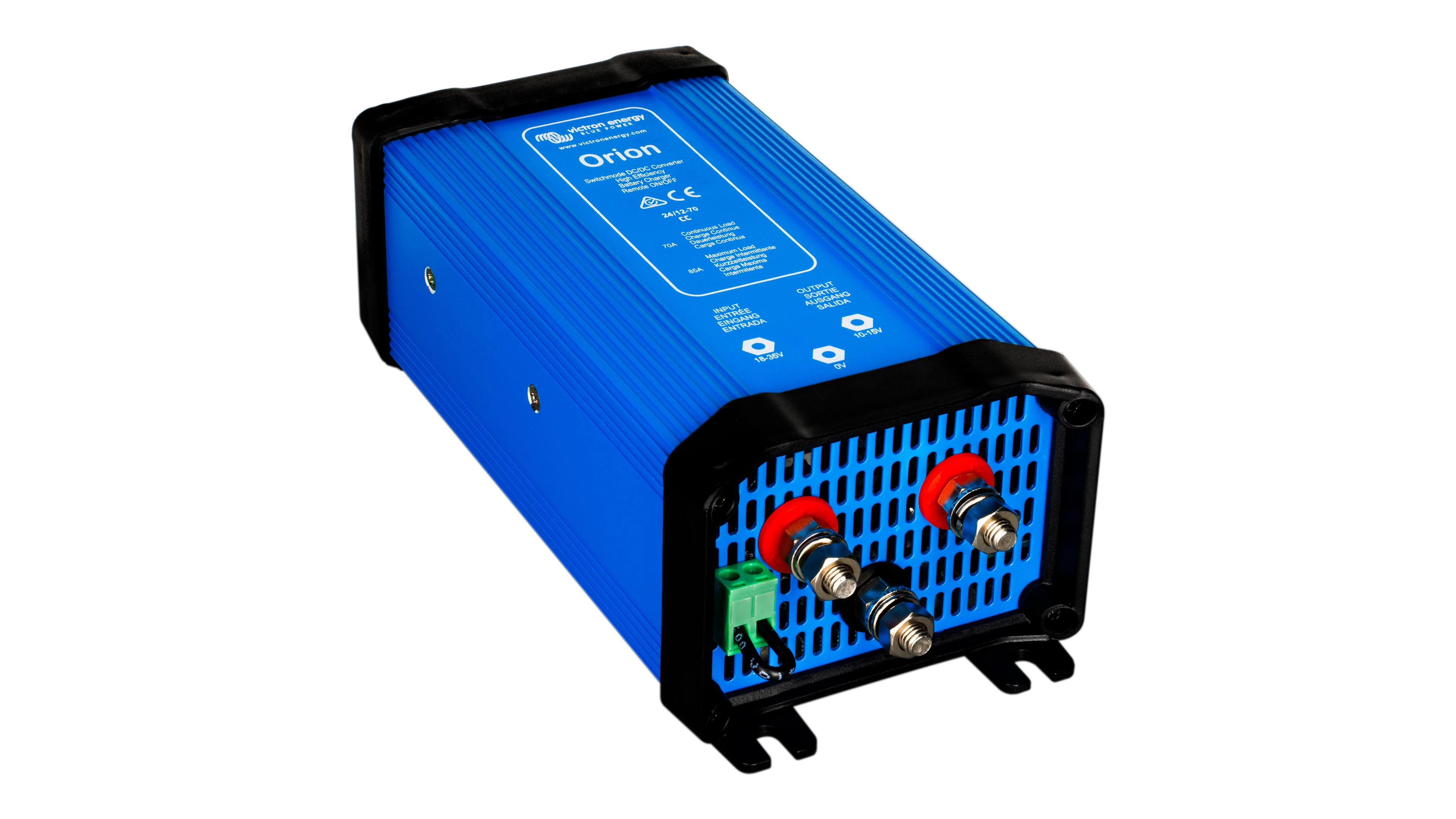 High quality photo of the Victron - ORI241270020 - Orion IP67 2412 70A Converter 30-30 - Angled Left View. Photographed by Current Connected