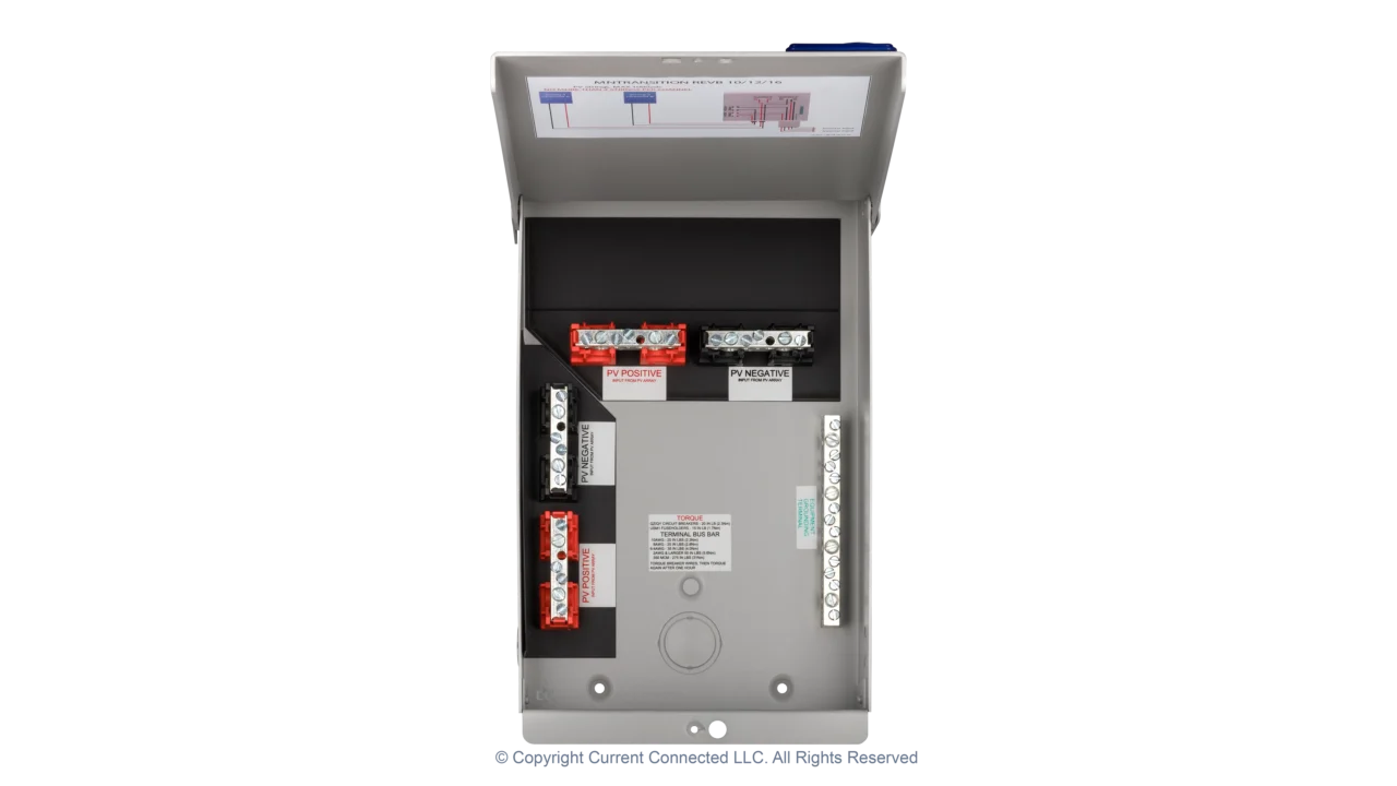 High quality photo of the Midnite Solar - MNTRANSITION - Transition Box - Internal and Cover View. Photographed by Current Connected
