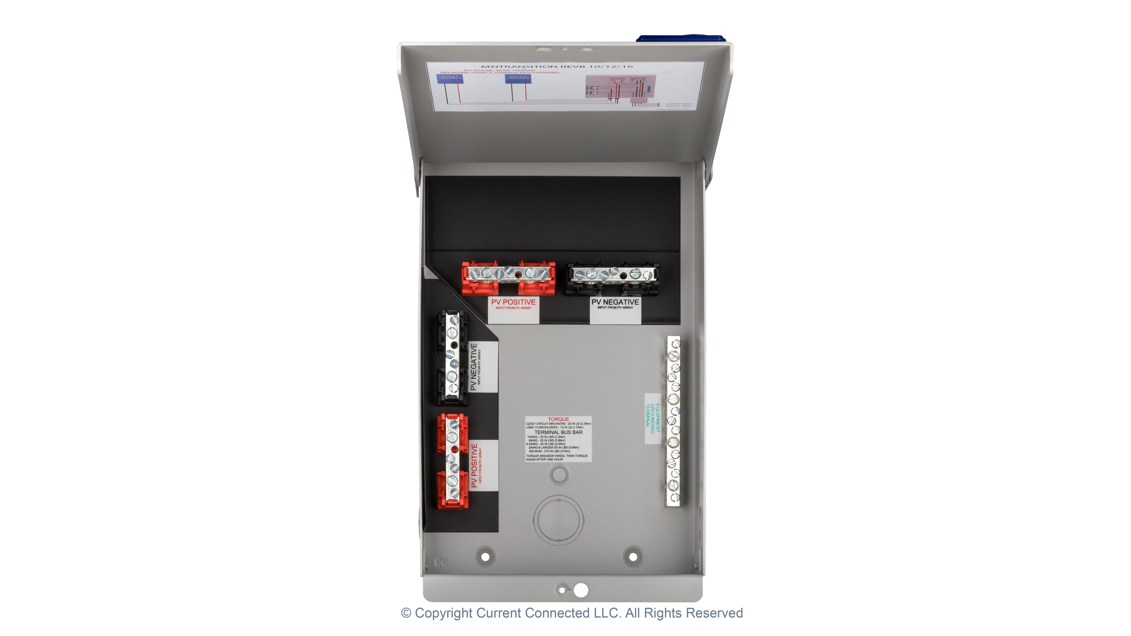 High quality photo of the Midnite Solar - MNTRANSITION - Transition Box - Internal and Cover View. Photographed by Current Connected