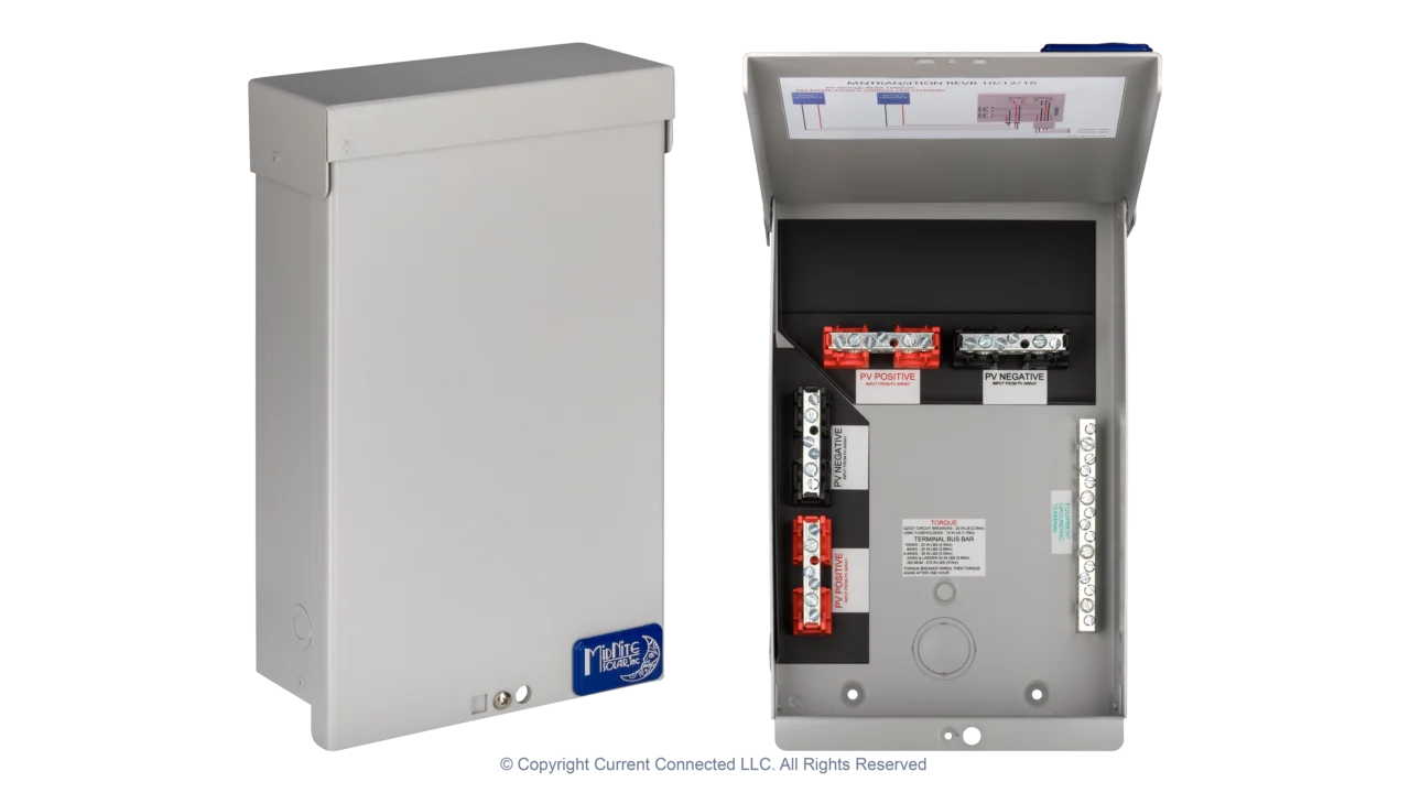 High quality photo of the Midnite Solar - MNTRANSITION - Transition Box - Open and Closed Views. Photographed by Current Connected