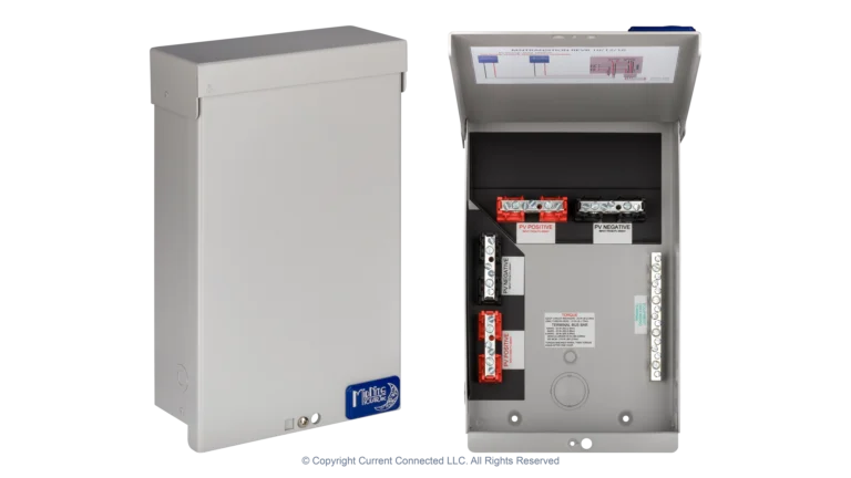 High quality photo of the Midnite Solar - MNTRANSITION - Transition Box - Open and Closed Views. Photographed by Current Connected