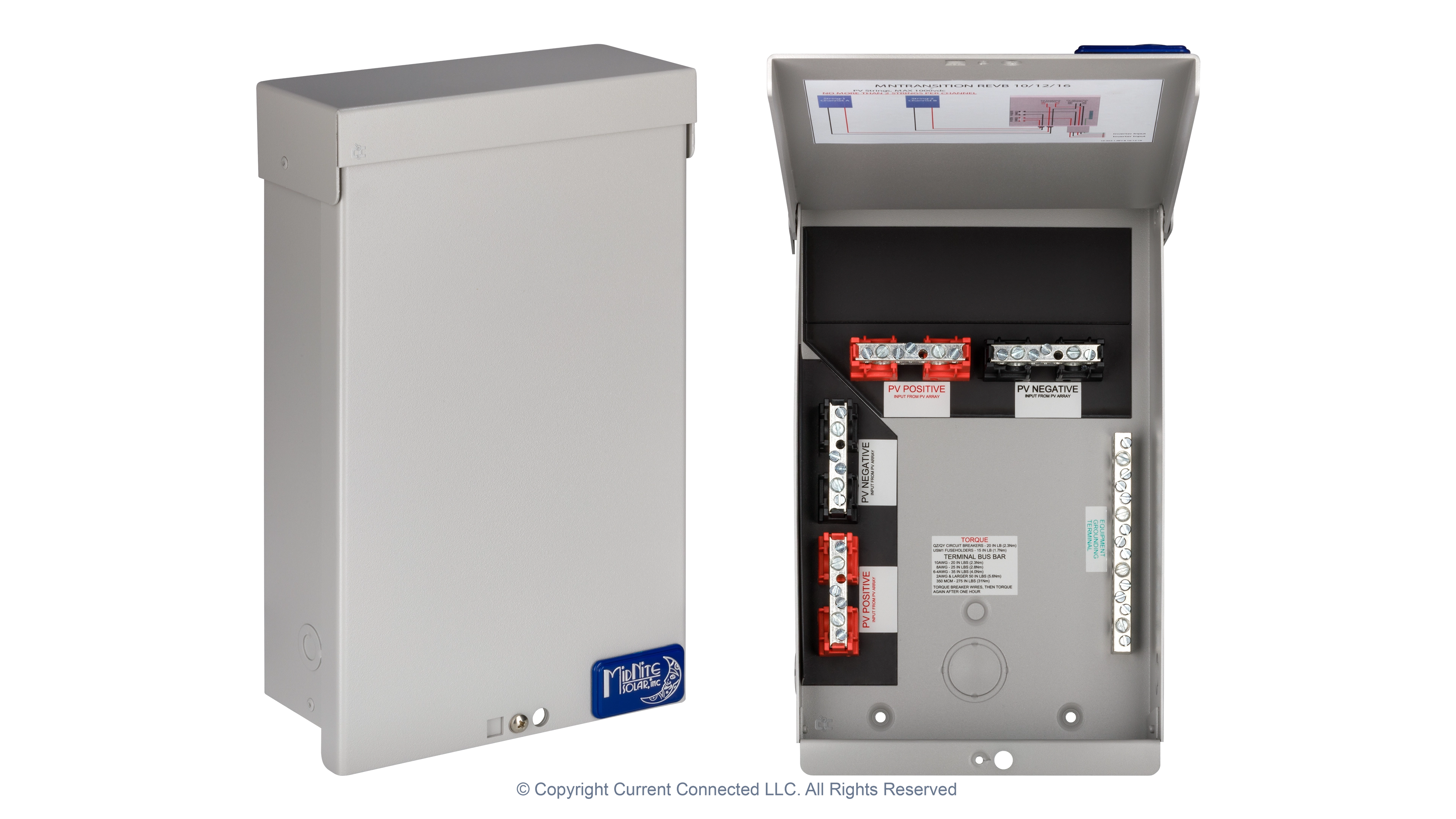 High quality photo of the Midnite Solar - MNTRANSITION - Transition Box - Open and Closed Views. Photographed by Current Connected