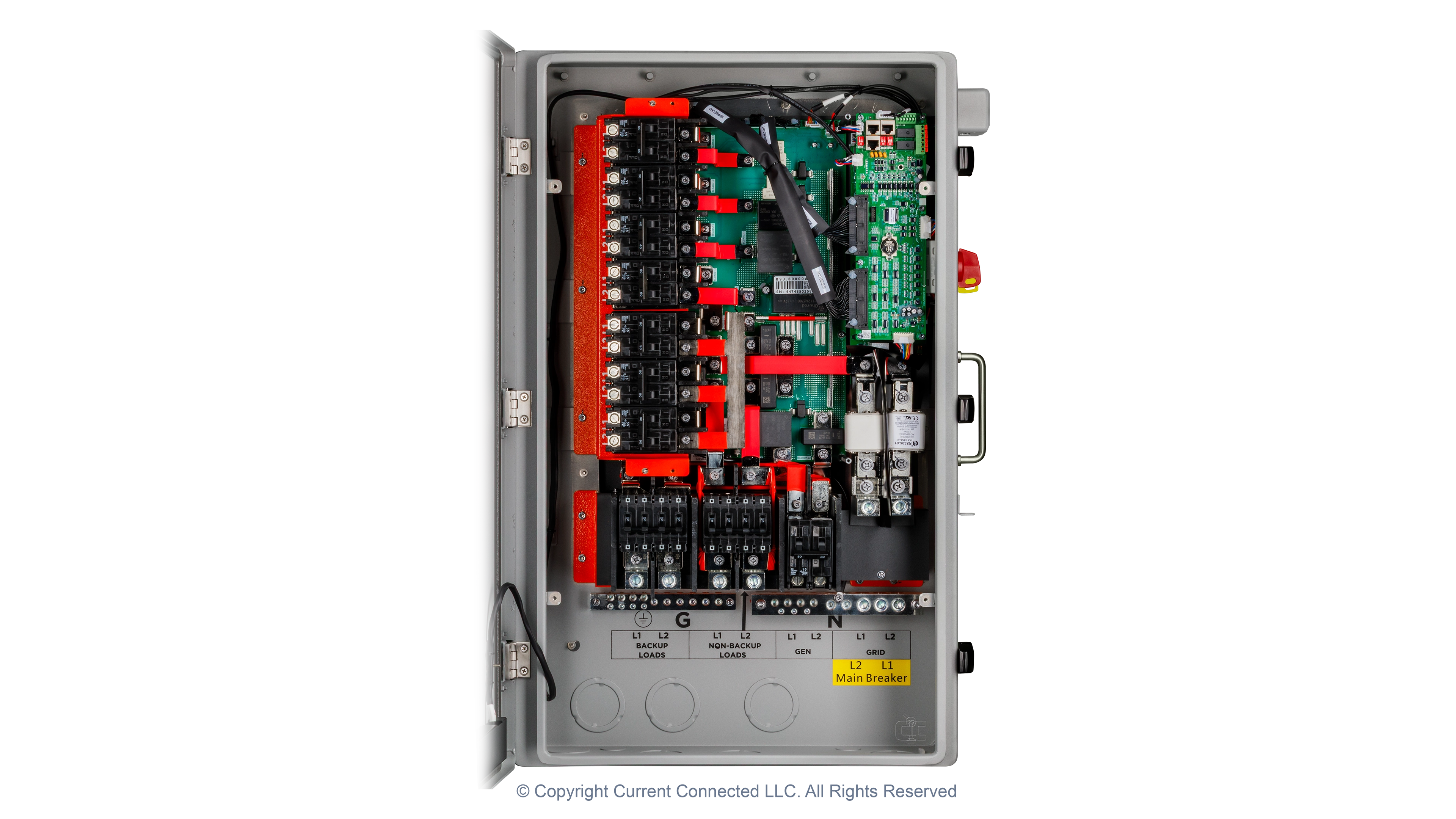 EG4 - EG4MID2P200AV2.1 - GridBOSS Microgrid Interconnect Device (MID) - Internal View Uncovered High quality photo of the High quality photo of the . Photographed by Current Connected. Photographed by Current Connected