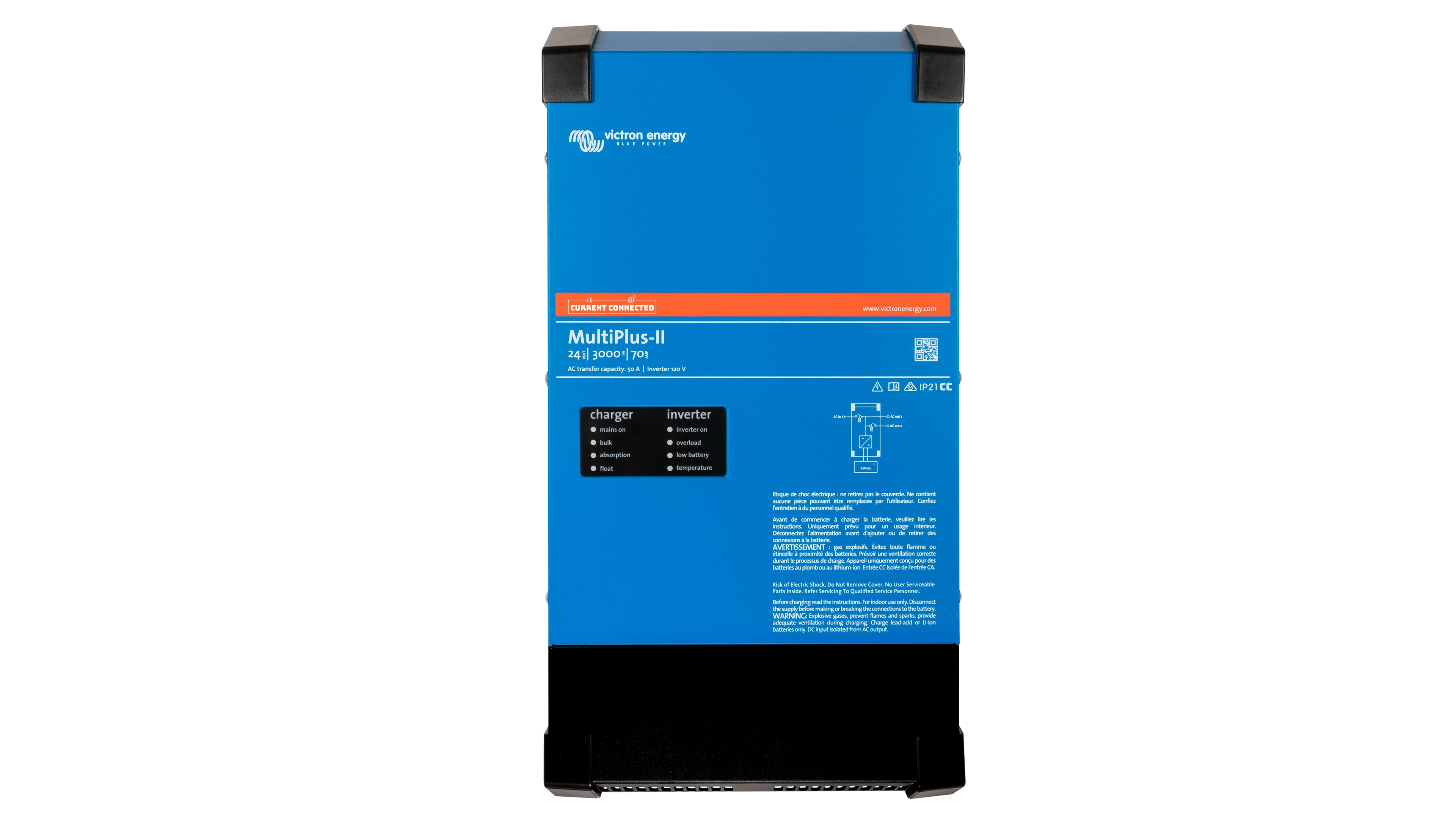 Victron Energy 24V Multiplus-2 3kVA 120V Inverter - 70A Charger (UL). This is a Front view display of the inverter by Victron Energy with no background.