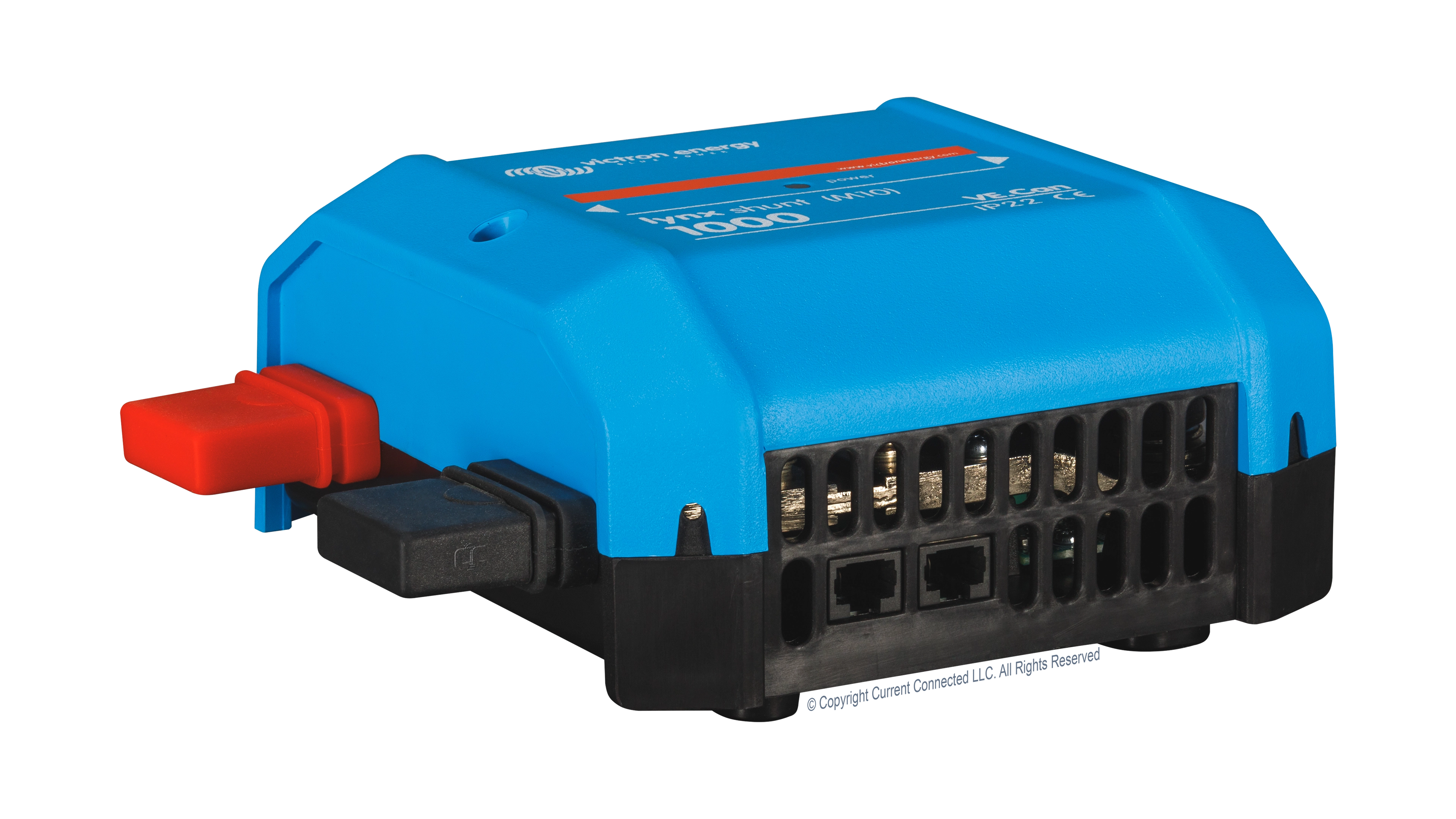 High quality photo of the Victron - LYN040102110 - Lynx Shunt VE - Angled Left View. Photographed by Current Connected