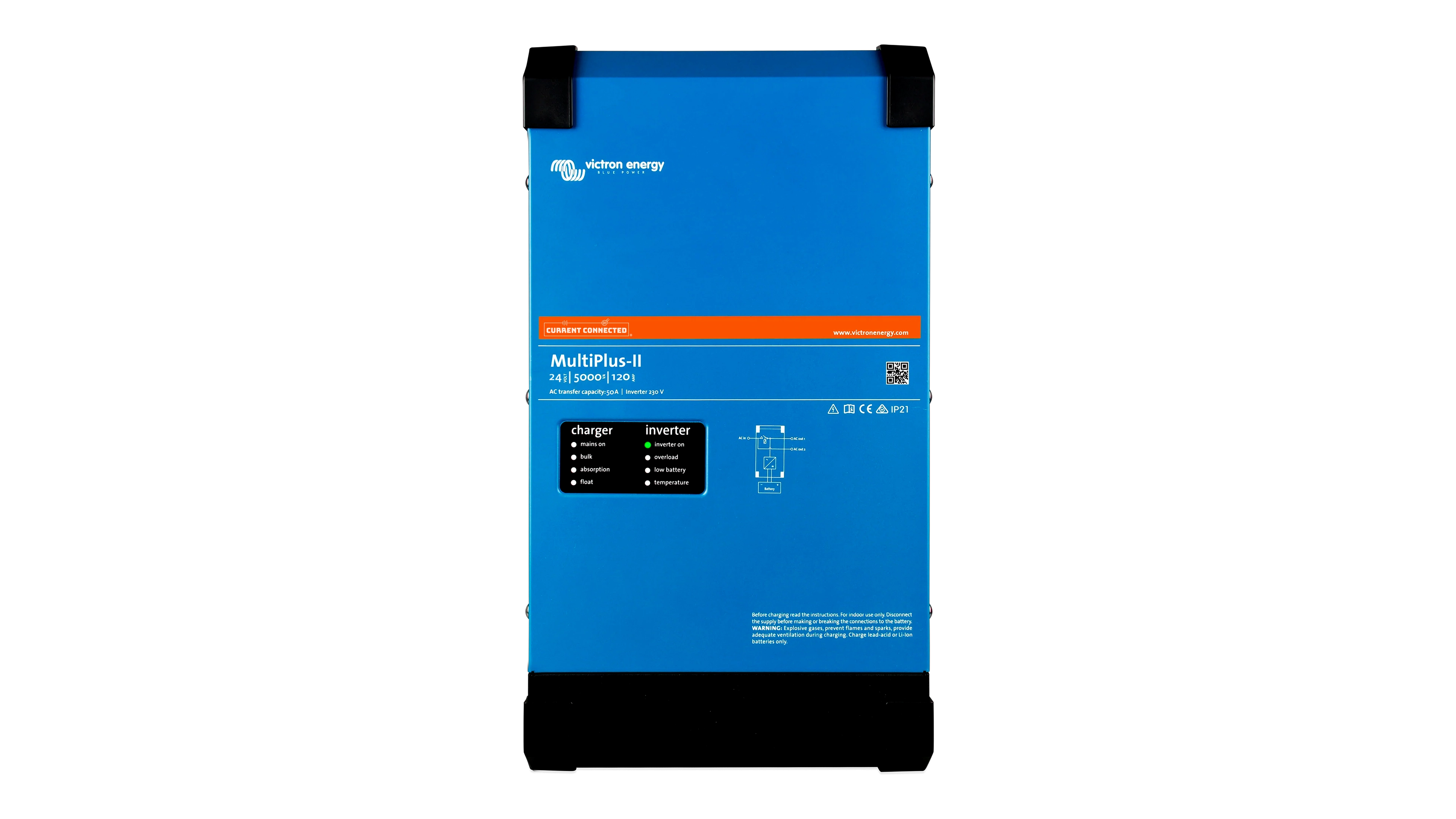 Victron Energy 24V MultiPlus-II 5kVA 120V Inverter 95A Charger - Front Victron Energy 48V MultiPlus-II 5kVA 120V Inverter 70A Charger. This is a Internal view display of the inverter by Victron Energy with no background.