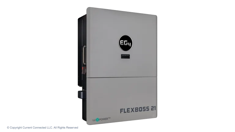High quality photo of the EG4 - EG4B3S1GBBRKR90AV1 - FlexBOSS21 Hybrid Inverter - Angled Left View. Photographed by Current Connected