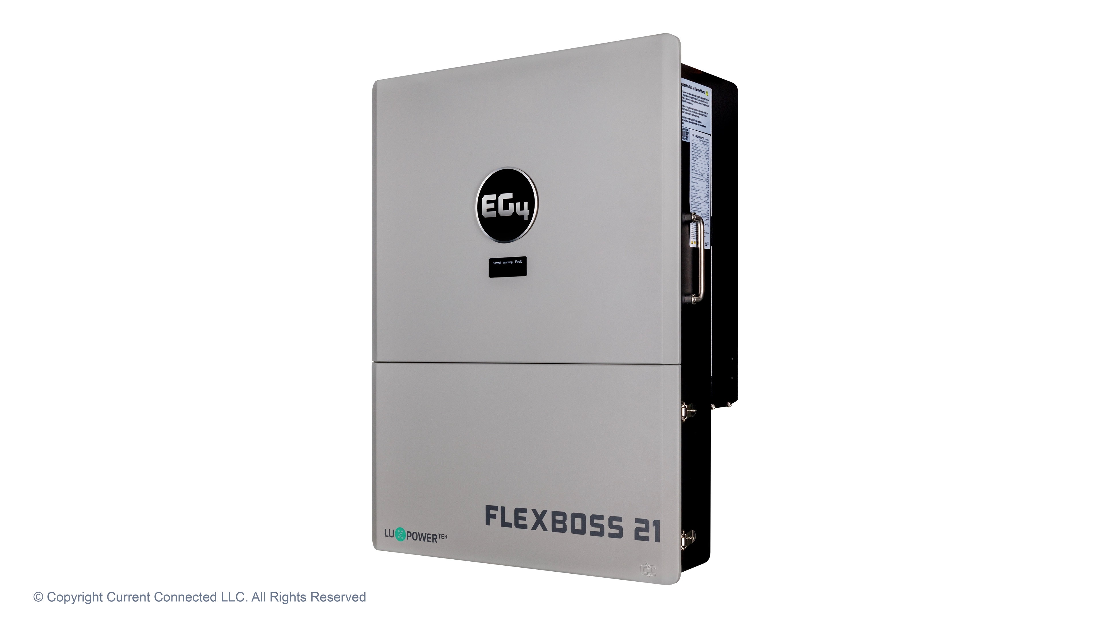 EG4 - EG4B3S1GBBRKR90AV1 - FlexBOSS21 Hybrid Inverter - Angled Right View High quality photo of the EG4 - EG4B3S1GBBRKR90AV1 - FlexBOSS21 Hybrid Inverter - Angled Right View. Photographed by Current Connected
