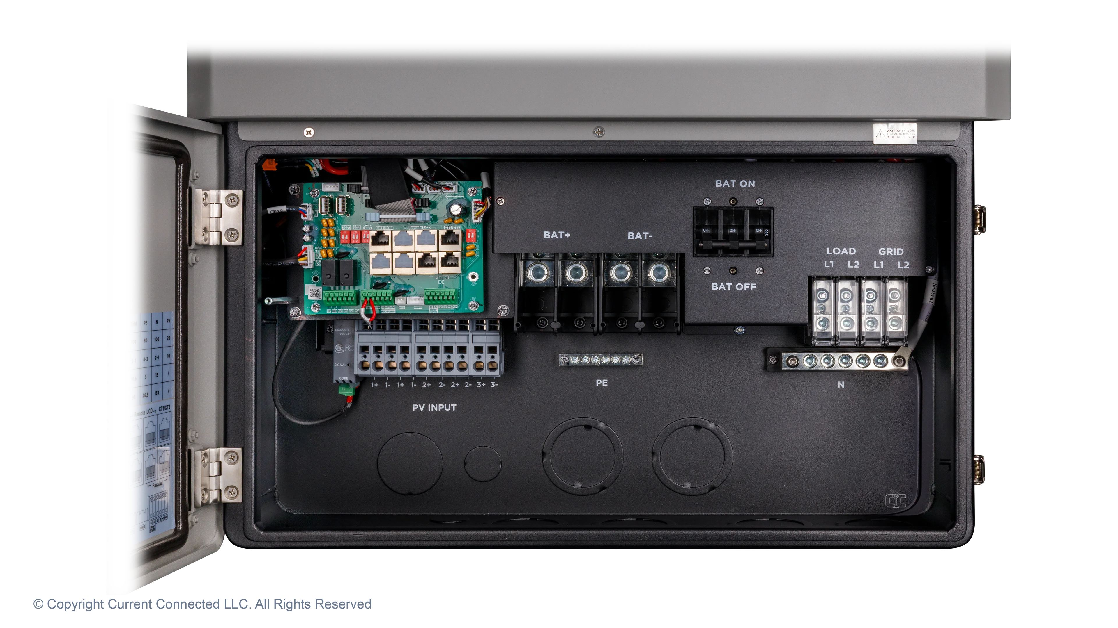 EG4 - EG4B3S1GBBRKR90AV1 - FlexBOSS21 Hybrid Inverter - Internal View High quality photo of the EG4 - EG4B3S1GBBRKR90AV1 - FlexBOSS21 Hybrid Inverter - Internal View. Photographed by Current Connected