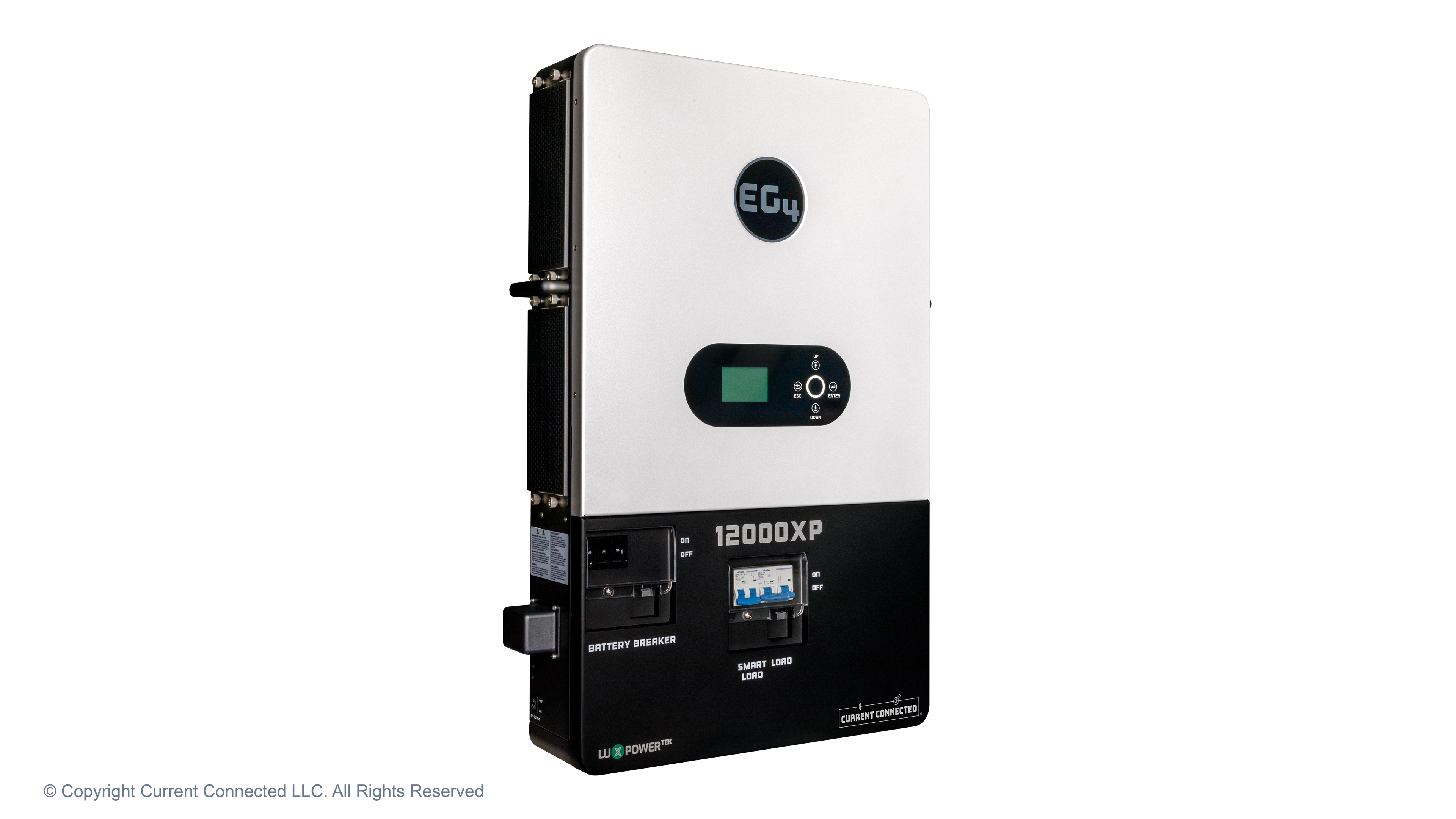 EG4 - EG412000XPV1 - 48V Off-Grid All-In-One - Angled Left View High quality photo of the EG4 - EG412000XPV1 - 48V Off-Grid All-In-One - Angled Left View. Photographed by Current Connected