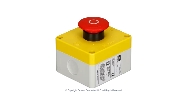 High quality photo of the IMO - BG10P34-11 - Emergency Stop Button/Twist Release 500VAC 1NO +1NC Angled View. Photographed by Current Connected