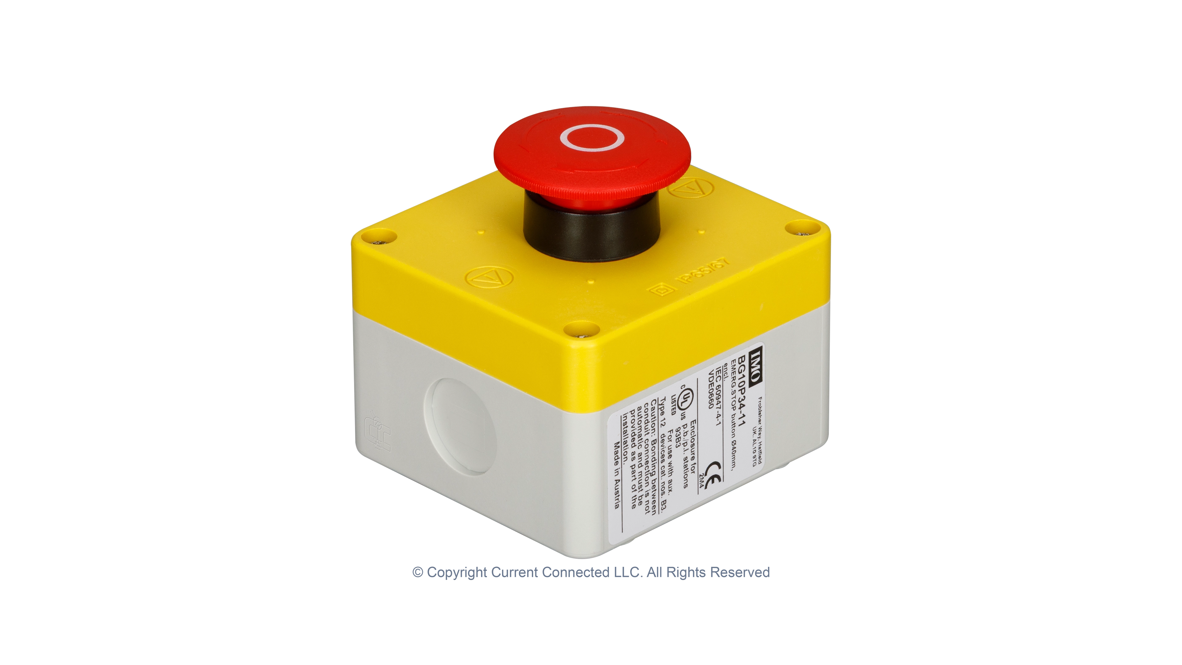 High quality photo of the IMO - BG10P34-11 - Emergency Stop Button/Twist Release 500VAC 1NO +1NC Angled View. Photographed by Current Connected