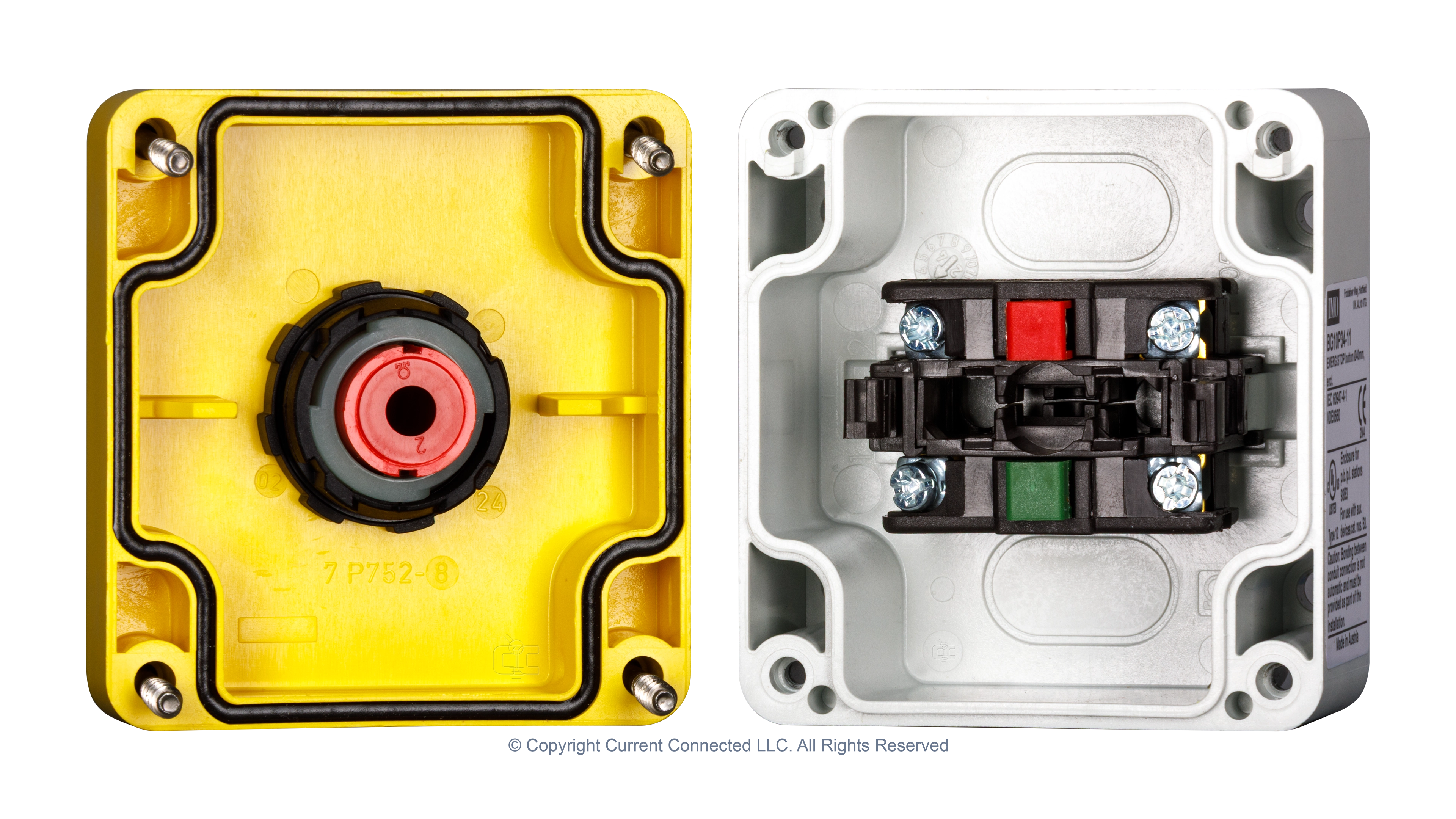High quality photo of the IMO - BG10P34-11 - Emergency Stop Button/Twist Release 500VAC 1NO +1NC Internal View. Photographed by Current Connected