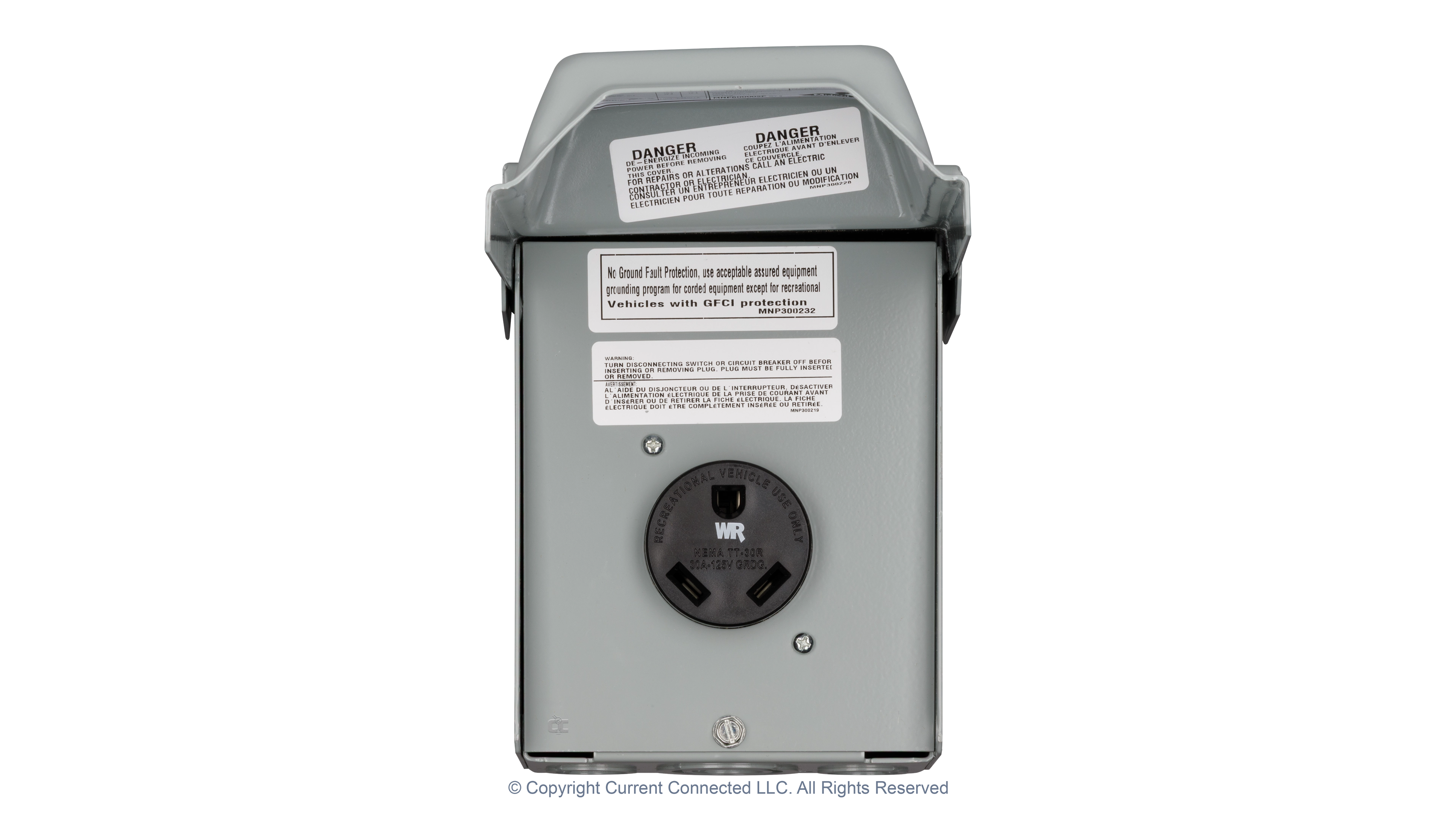 High quality photo of the Midwest - 784567575330 - 30A TT-30 Outdoor RV Outlet - Front Open. Photographed by Current Connected