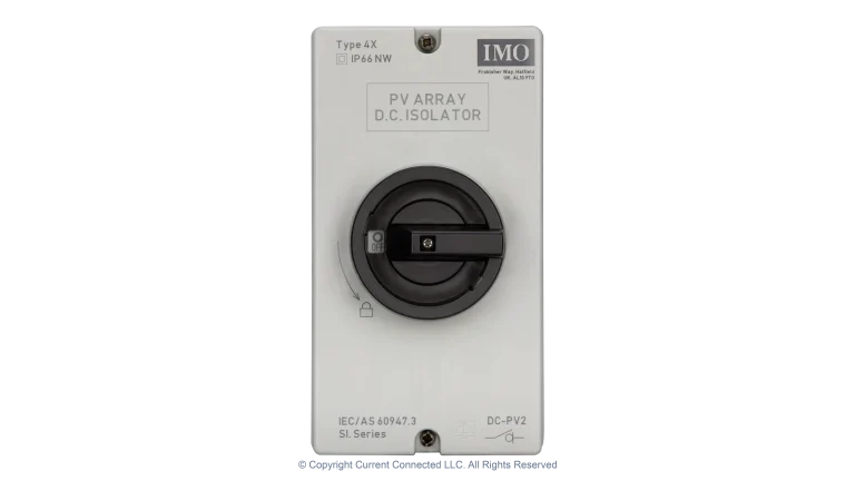 High quality photo of the IMO DC Disconnect Rooftop Isolator Switch 4 Pole - 2 String Front view. Photographed by Current Connected.
