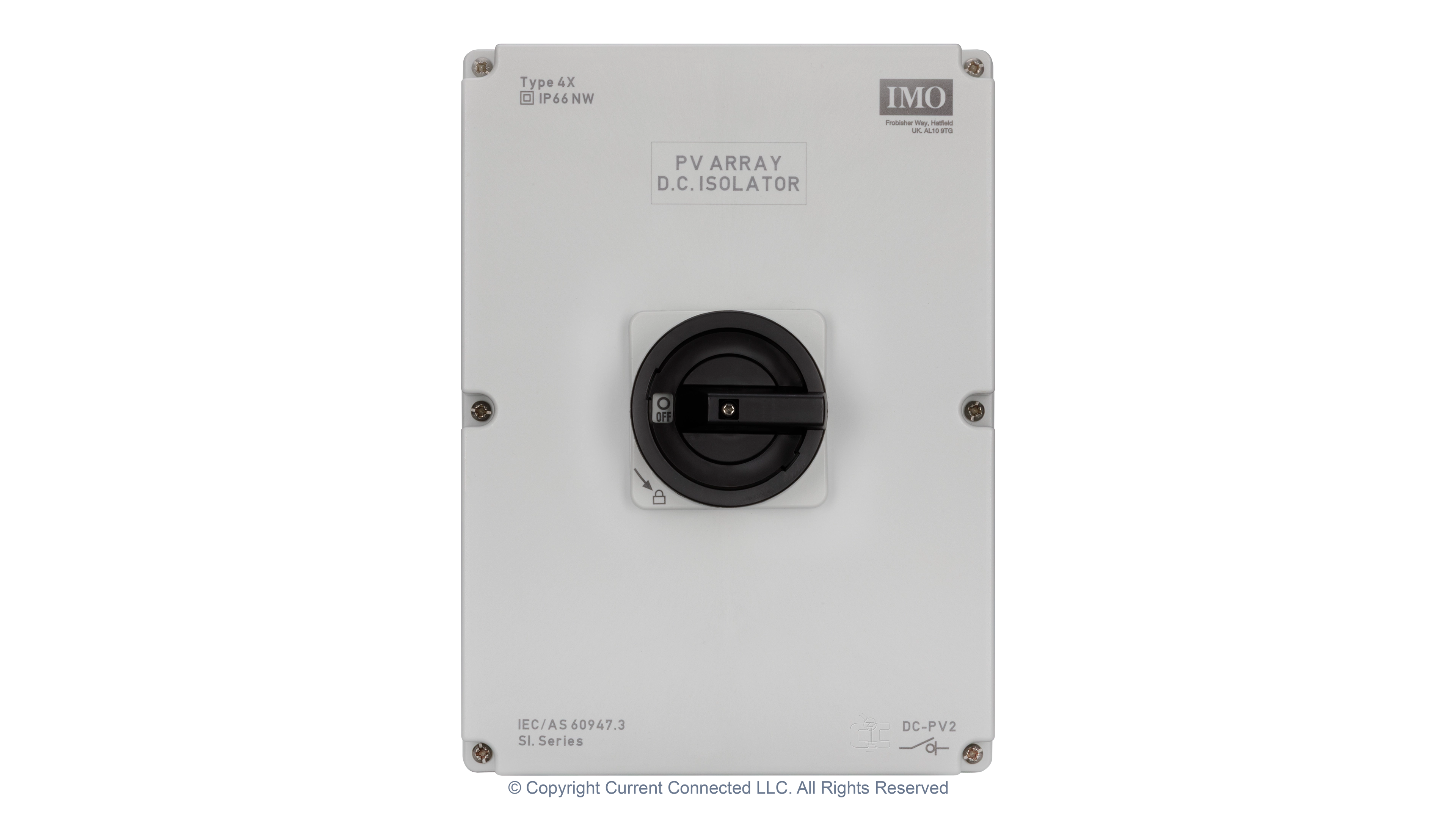 IMO DC Disconnect Rooftop Isolator Switch 6 Pole - 3 String Front High quality photo of the IMO DC Disconnect Rooftop Isolator Switch 6 Pole - 3 String Front view. Photographed by Current Connected.