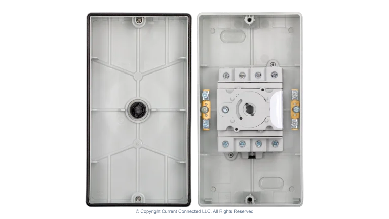 High quality photo of the DC Disconnect Rooftop Isolator Switch 4 Pole - 2 String Internal View. Photographed by Current Connected.