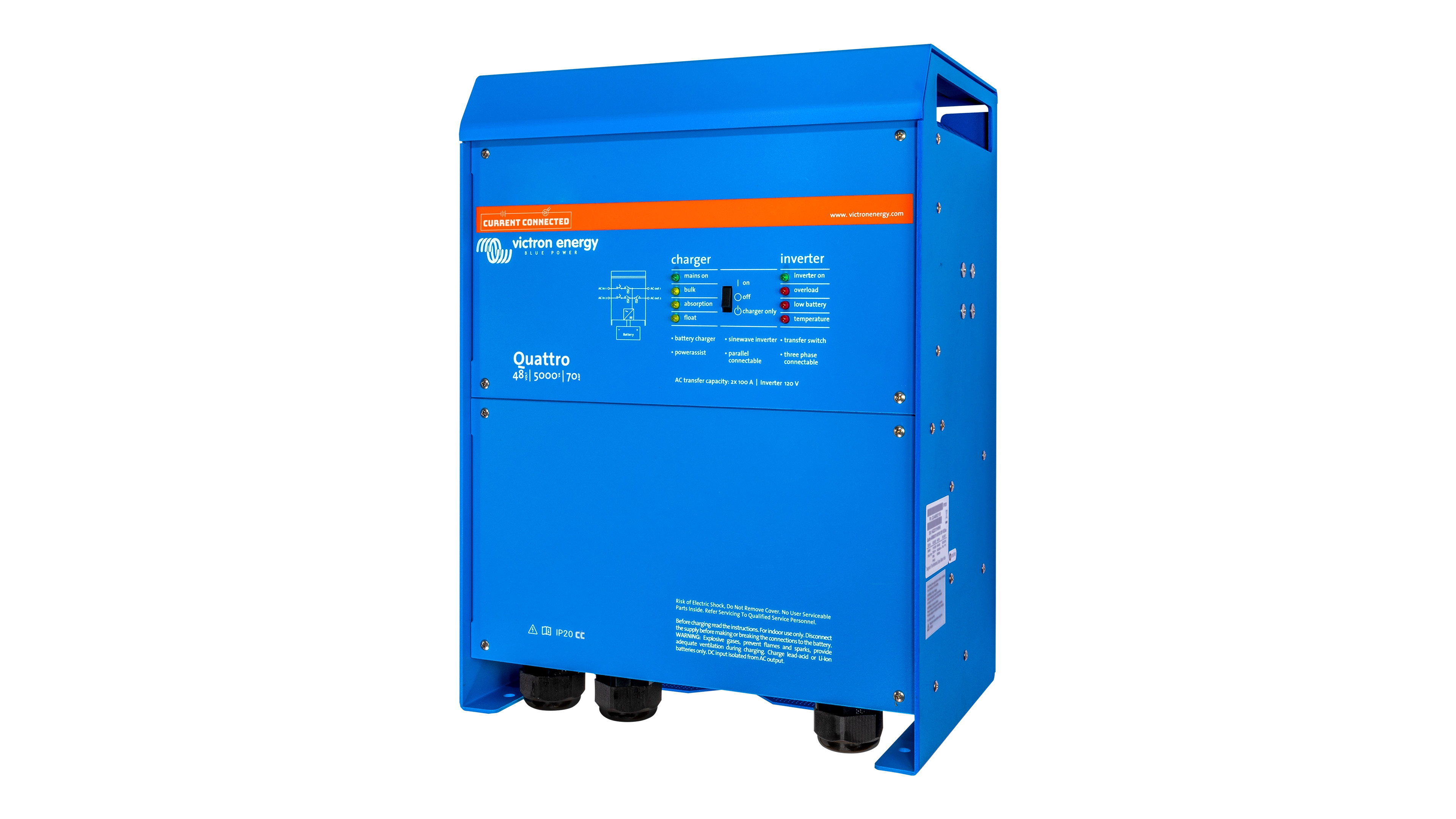 Victron - PMP482505110 - Victron 48V Quattro 5kVA 120V Inverter 70A Charger  – Angled Right View High quality photo of the High quality photo of the . Photographed by Current Connected. Photographed by Current Connected