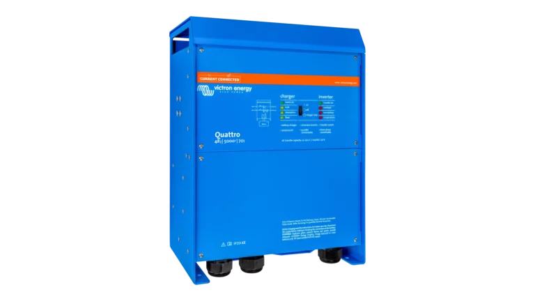 High quality photo of the Victron - PMP482505110 - Victron 48V Quattro 5kVA 120V Inverter 70A Charger – Angled Left View. Photographed by Current Connected