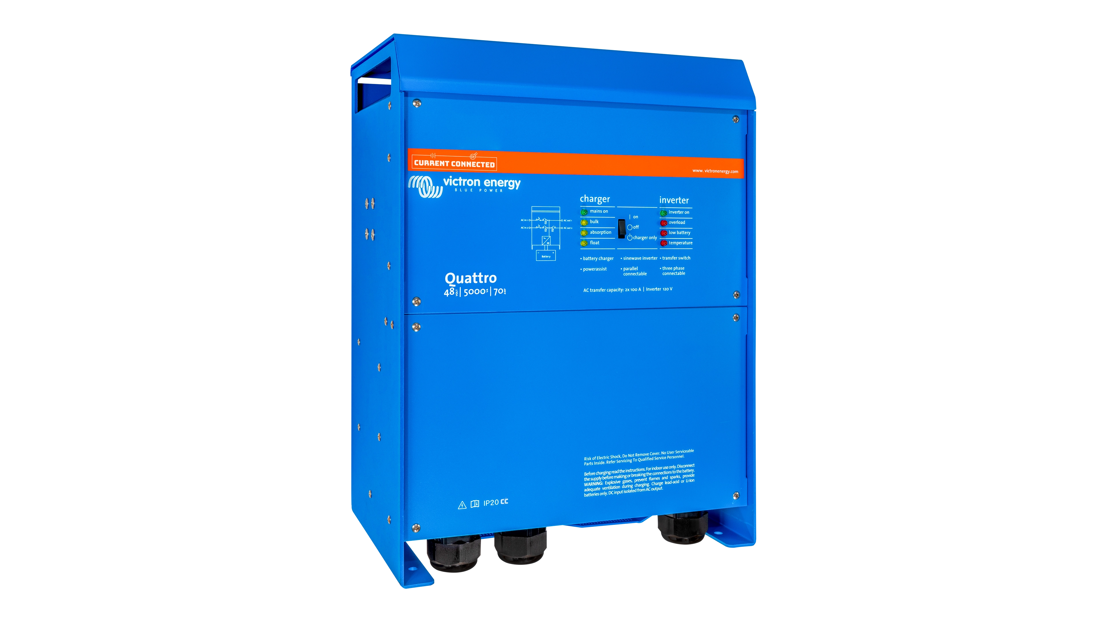 Victron - PMP482505110 - Victron 48V Quattro 5kVA 120V Inverter 70A Charger  – Angled Left View High quality photo of the Victron - PMP482505110 - Victron 48V Quattro 5kVA 120V Inverter 70A Charger – Angled Left View. Photographed by Current Connected