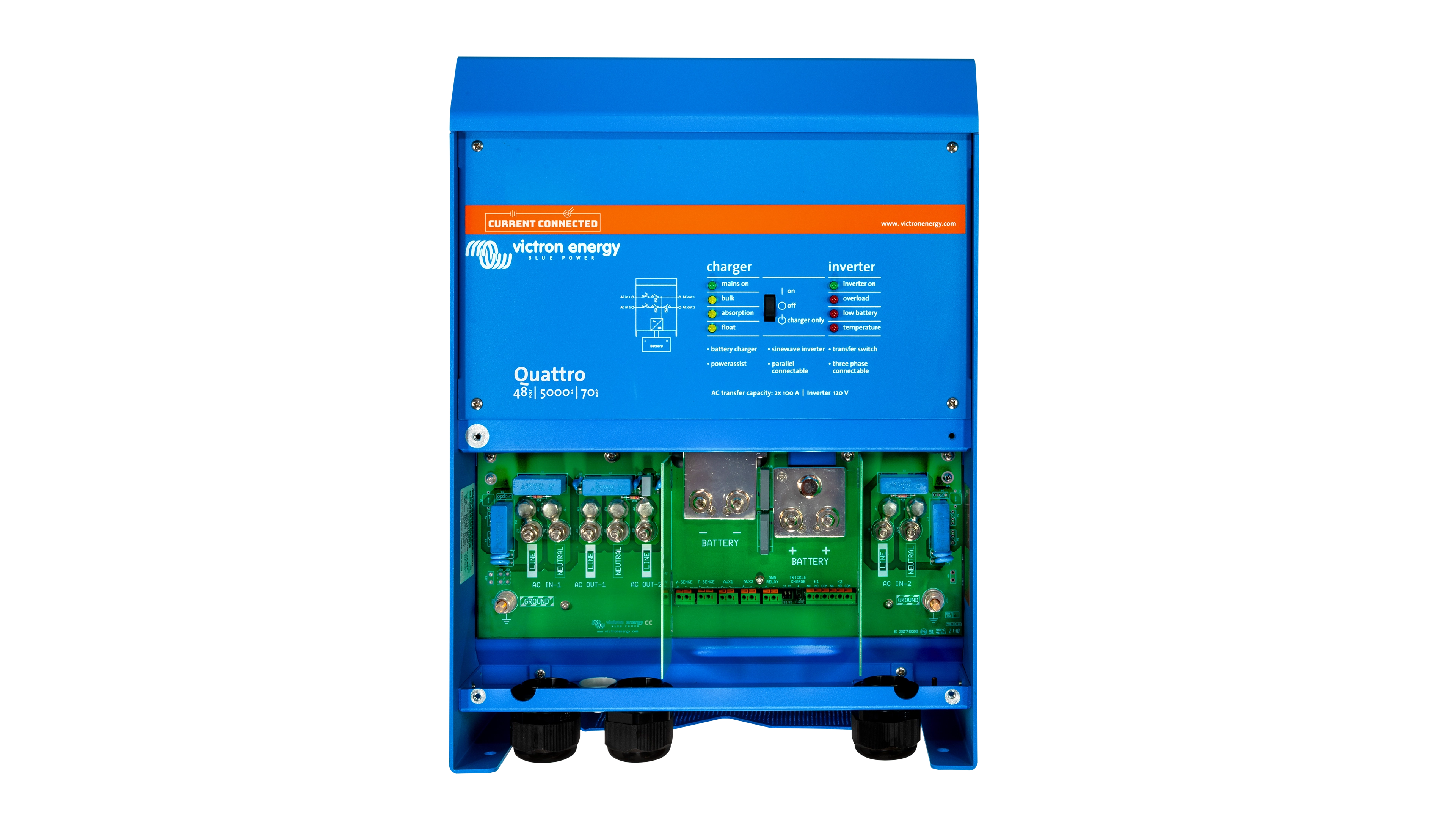 Victron - PMP482505110 - Victron 48V Quattro 5kVA 120V Inverter 70A Charger  – Wiring Access High quality photo of the Victron - PMP482505110 - Victron 48V Quattro 5kVA 120V Inverter 70A Charger – Wiring Access. Photographed by Current Connected