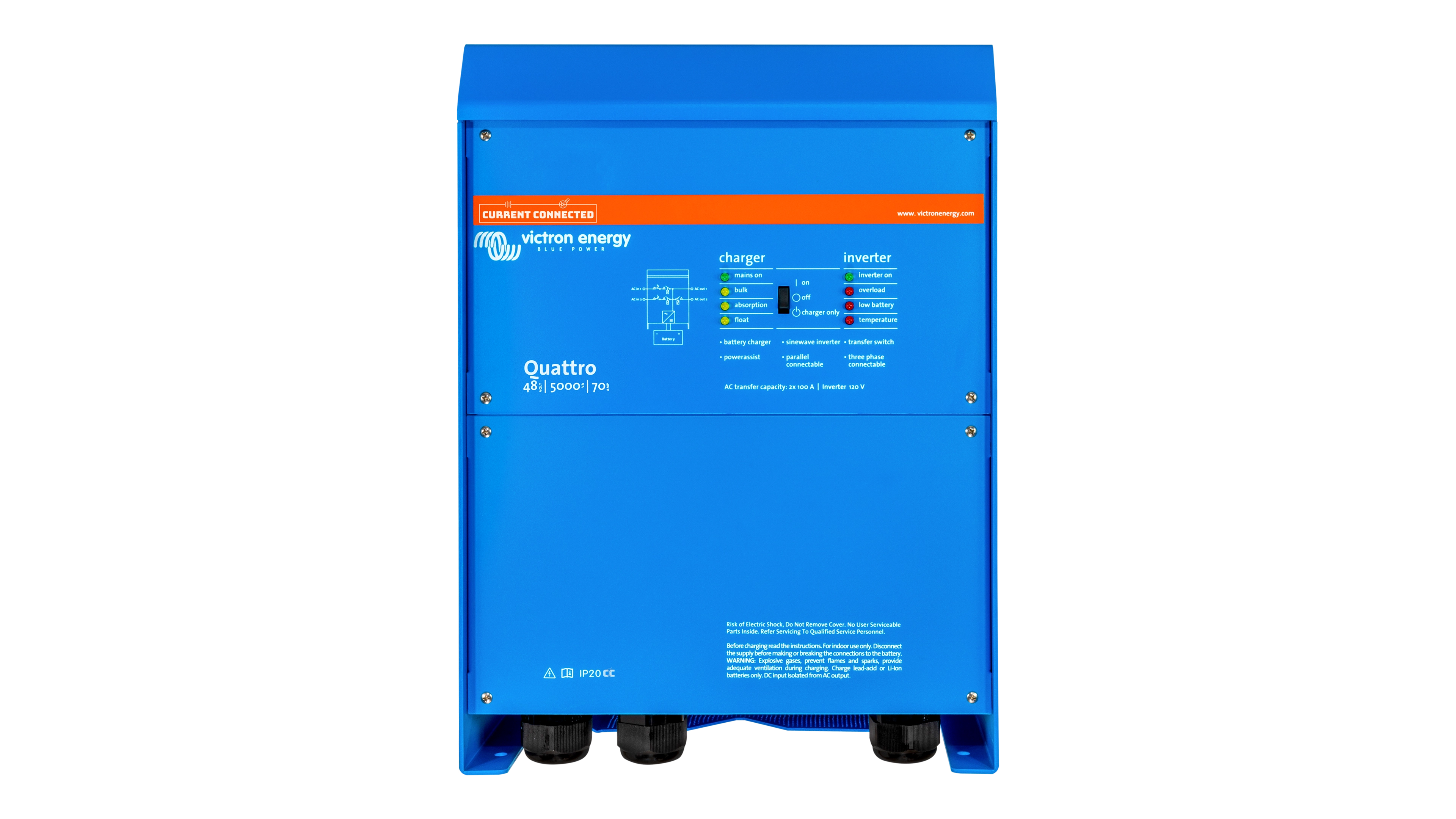 Victron - PMP482505110 - Victron 48V Quattro 5kVA 120V Inverter 70A Charger  – Front View High quality photo of the Victron - PMP482505110 - Victron 48V Quattro 5kVA 120V Inverter 70A Charger – Front View. Photographed by Current Connected