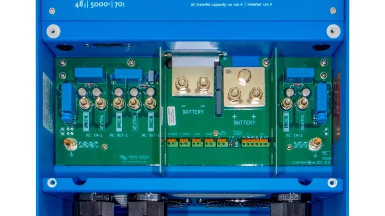 High quality photo of the Victron - PMP482505110 - Victron 48V Quattro 5kVA 120V Inverter 70A Charger – Wiring Compartment View View. Photographed by Current Connected
