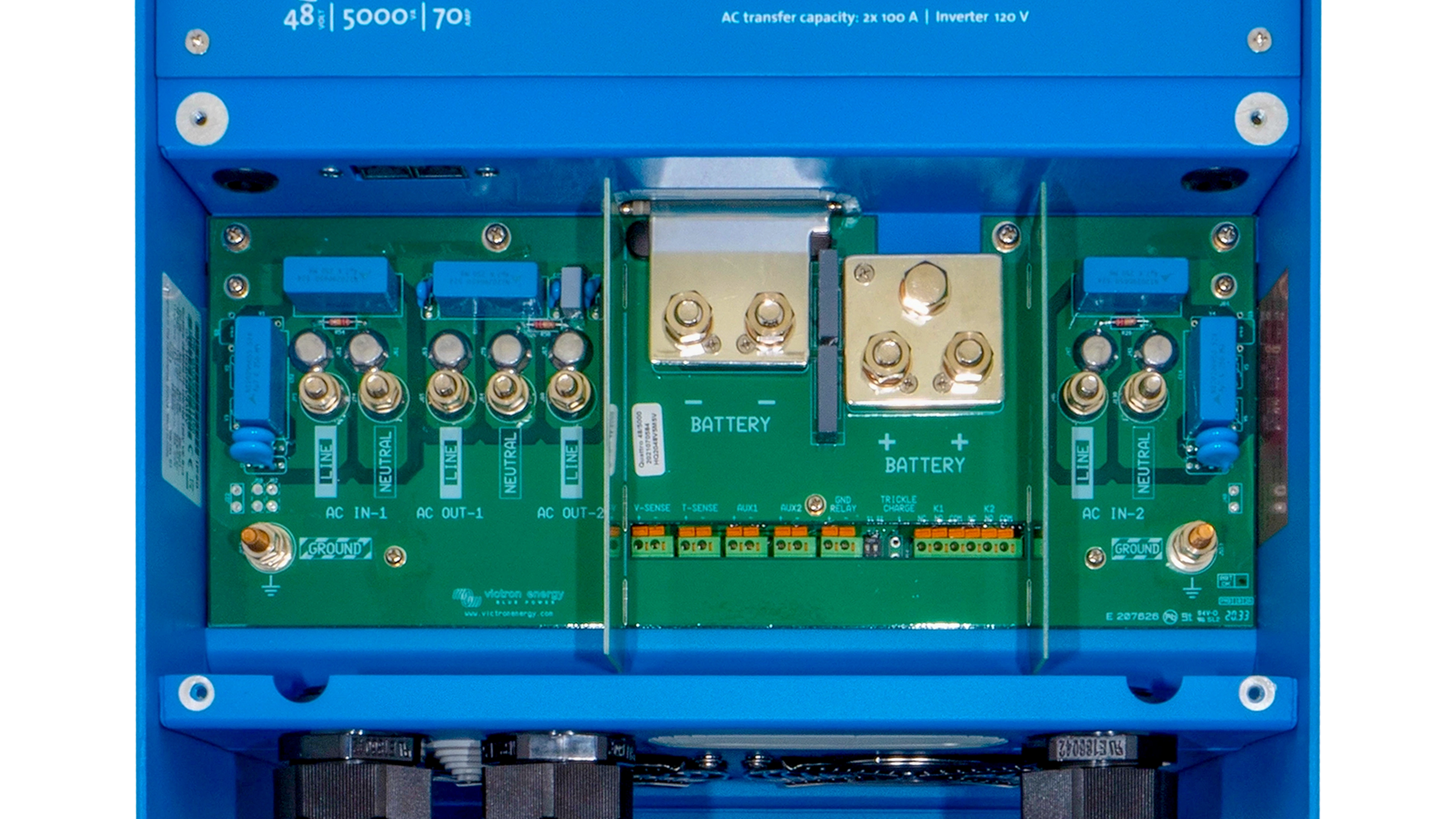 Victron - PMP482505110 - Victron 48V Quattro 5kVA 120V Inverter 70A Charger  – Wiring Compartment View High quality photo of the Victron - PMP482505110 - Victron 48V Quattro 5kVA 120V Inverter 70A Charger – Wiring Compartment View View. Photographed by Current Connected