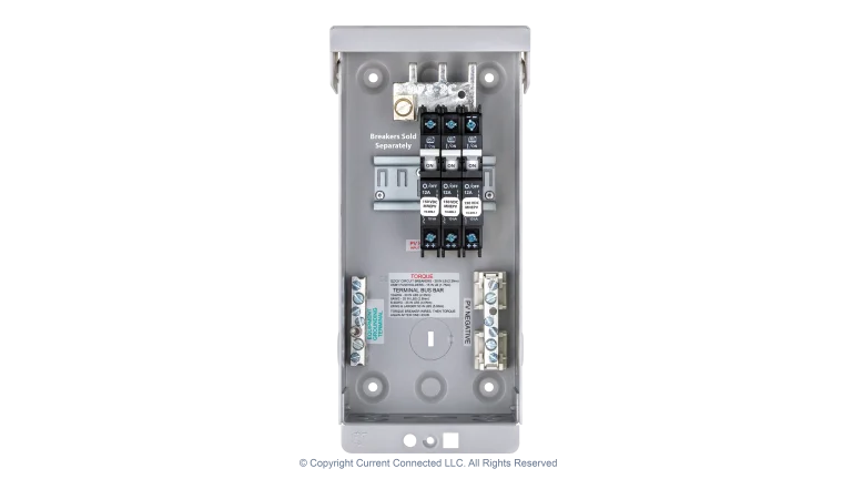 High quality photo of the Midnite Solar - MNPV3 - PV Breaker/Combiner Box Internal View w/Breakers. Photographed by Current Connected