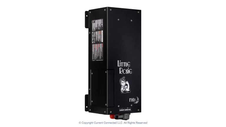 High quality photo of the Midnite Solar - MNLR3648M - Little Rosie 48V 3600W 120V Inverter-60A Charger - Left Angled View. Photographed by Current Connected