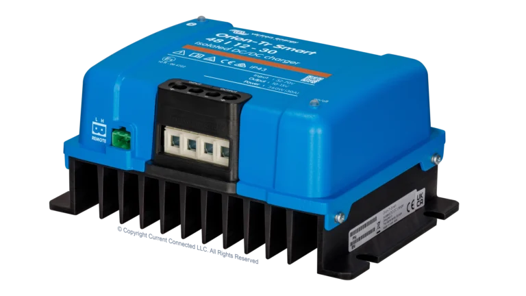 High quality photo of the Victron - ORI481238120 - Orion-TR Smart Isolated DC-DC Battery Charger - 48v 12v-30a - Angled Right View. Photographed by Current Connected