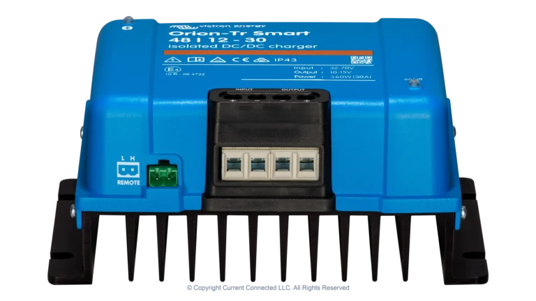 High quality photo of the Victron - ORI481238120 - Orion-TR Smart Isolated DC-DC Battery Charger - 48v 12v-30a - Front Angle View. Photographed by Current Connected