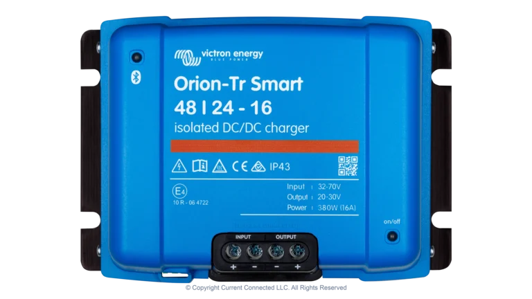 High quality photo of the Victron - ORI482438120 - Orion-TR Smart Isolated DC-DC Battery Charger - 48v 24v-16a - Top View. Photographed by Current Connected