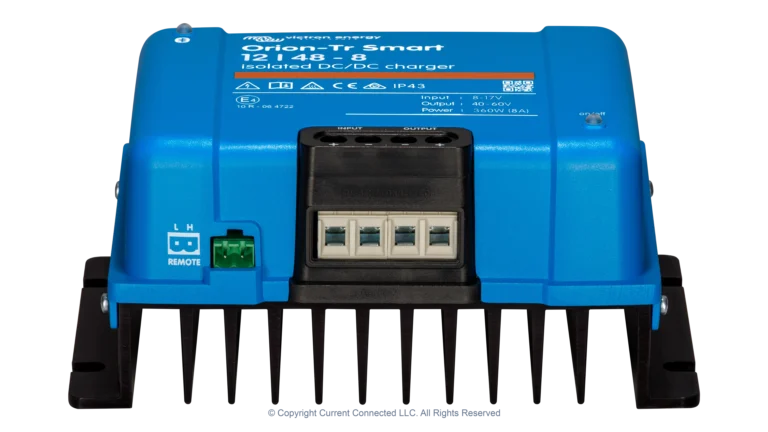 High quality photo of the Victron - ORI124838120 - Orion-TR Smart Isolated DC-DC Battery Charger - 12v 48v-8a - Front Angle View. Photographed by Current Connected