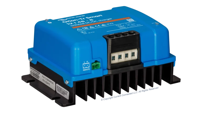 High quality photo of the Victron - ORI124838120 - Orion-TR Smart Isolated DC-DC Battery Charger - 12v 48v-8a - Left Angle View. Photographed by Current Connected