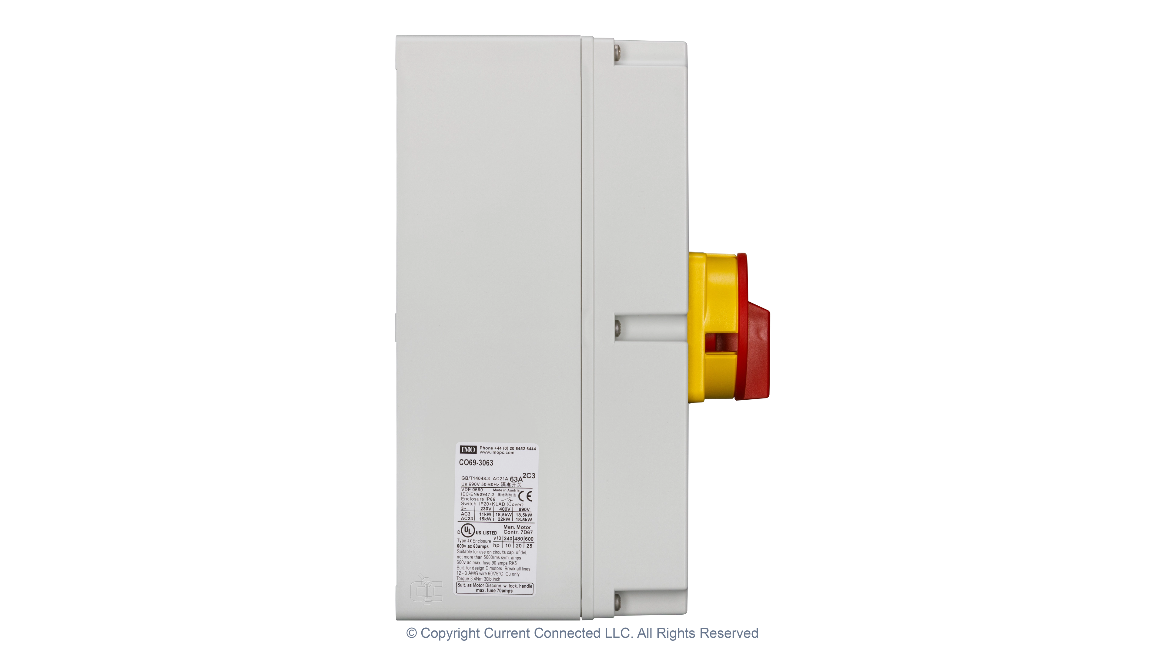 High quality photo of the IMO Changeover Switch, 3 Pole 63A Side View. Photographed by Current Connected.