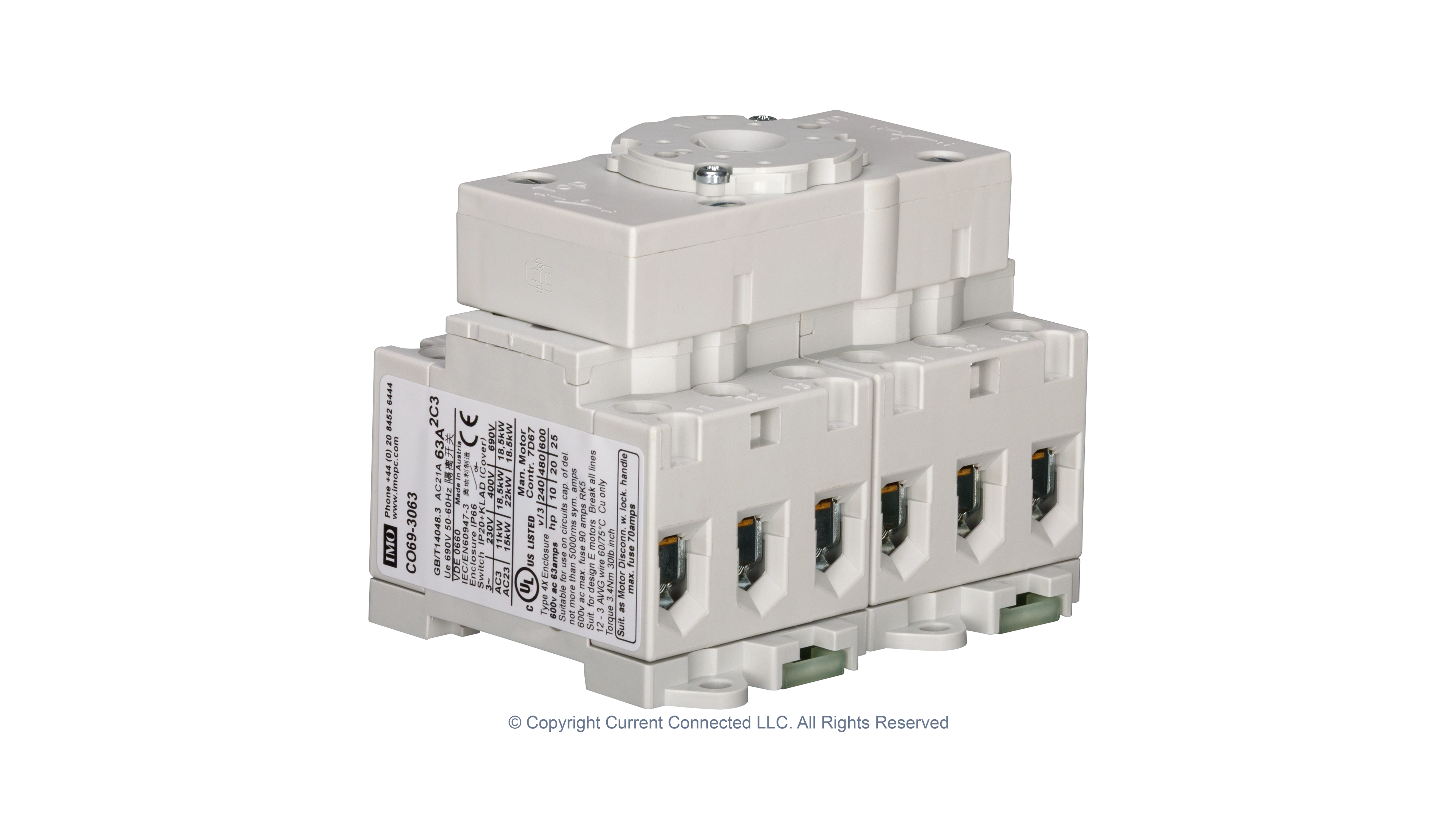 High quality photo of the IMO Changeover Switch, 3 Pole 63A Internal Switch. Photographed by Current Connected.