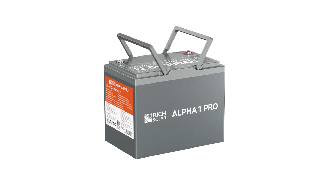 High quality photo of the Rich Solar - RS-B121SP - Rich Solar Alpha 1 Pro 12V 100Ah LiFePO4 Battery with the handles lifted. Photographed by Current Connected.