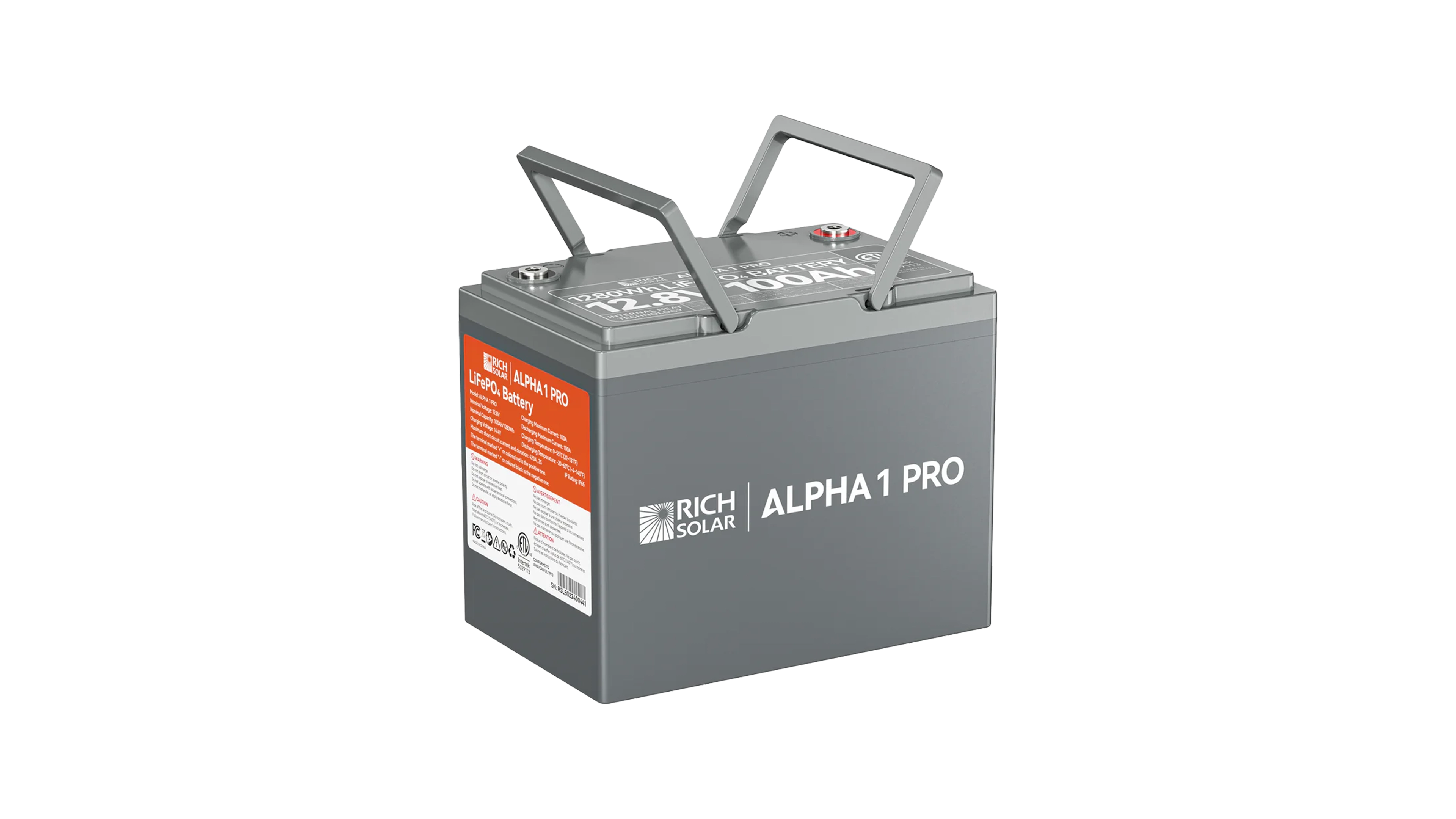 High quality photo of the Rich Solar - RS-B121SP - Rich Solar Alpha 1 Pro 12V 100Ah LiFePO4 Battery with the handles lifted. Photographed by Current Connected.